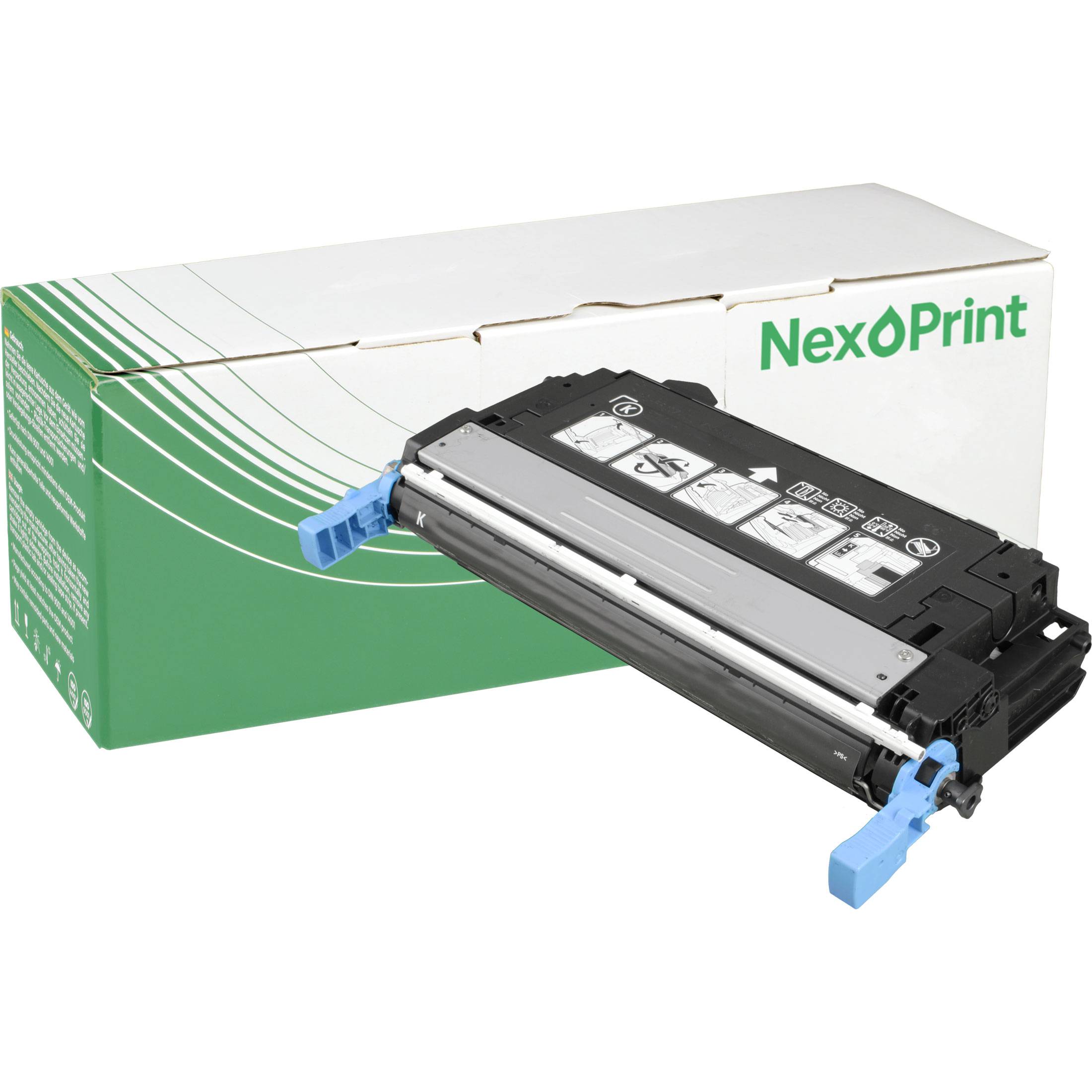 „Ersatztoner-Patrone von NexPrint neben ihrer Verpackungsschachtel.