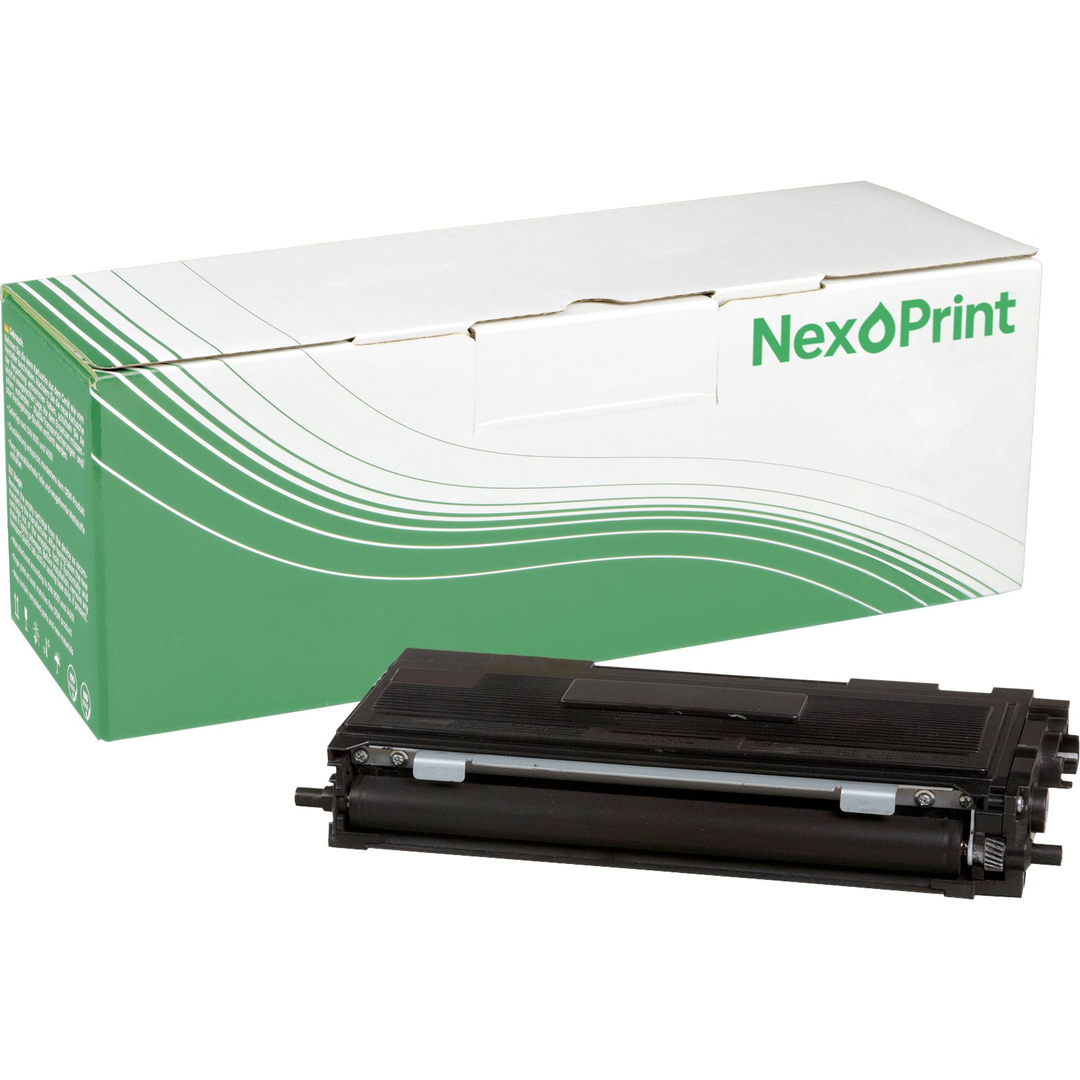 Druckertonerkassette neben einer NexPrint-Markenbox mit grünen und weißen Designelementen.