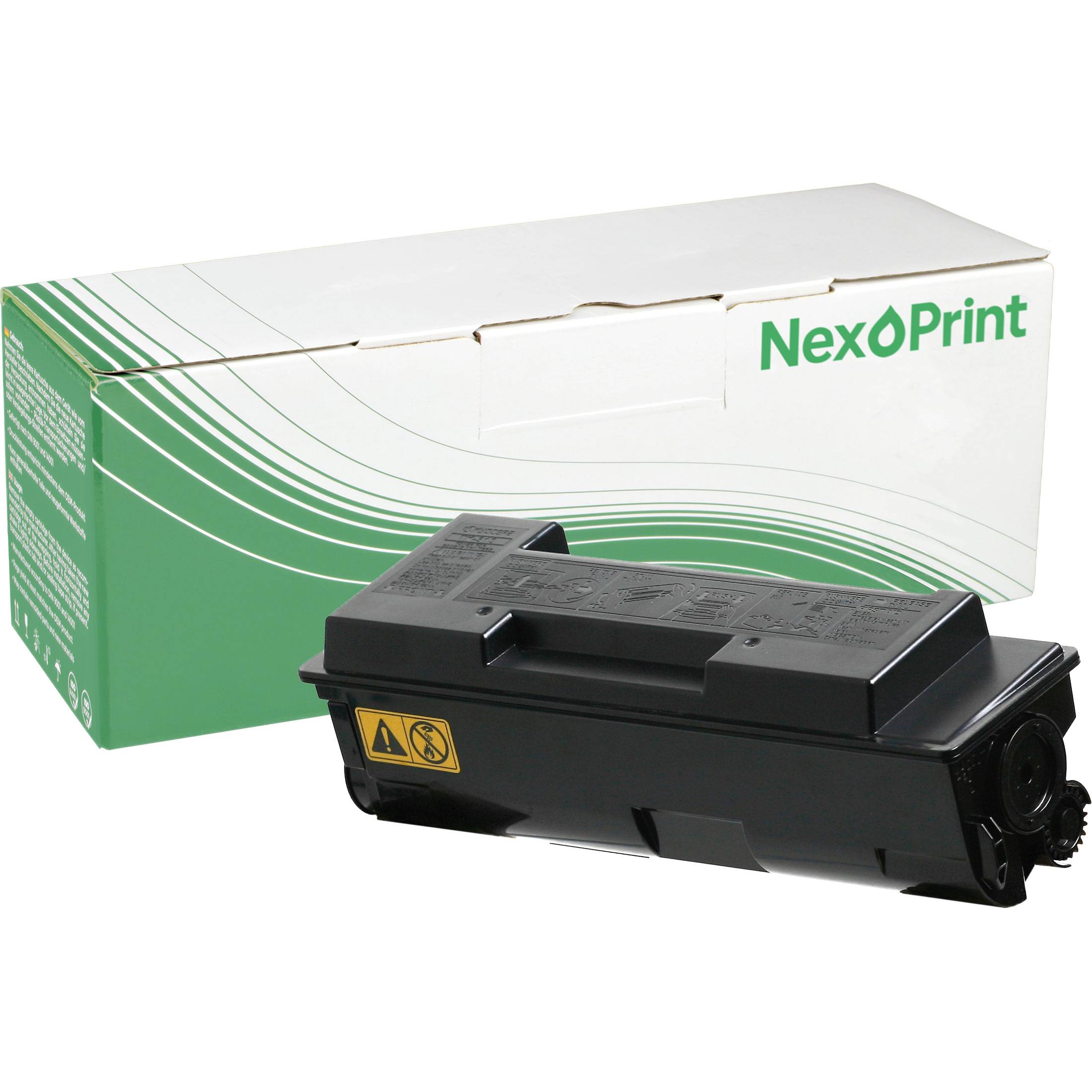 Eine NexOPrint-Tonerpatrone wird vor ihrer Verpackungsschachtel platziert und zeigt ein modernes Design mit grünen Bögen und dem Markennamen.