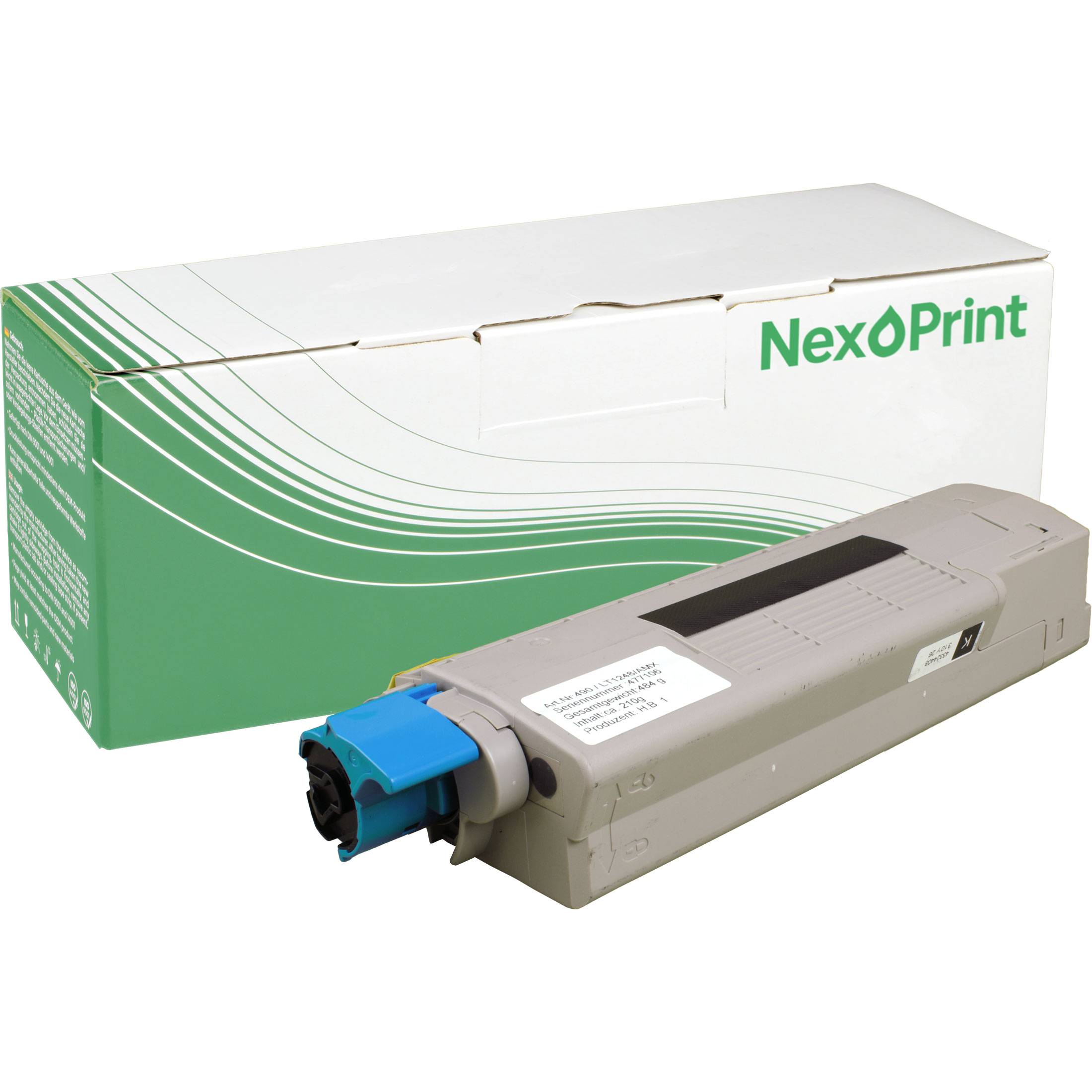 Eine NexOPrint-Tonerkartusche mit ihrer Verpackung im Hintergrund, mit einem grün-weißen Design.