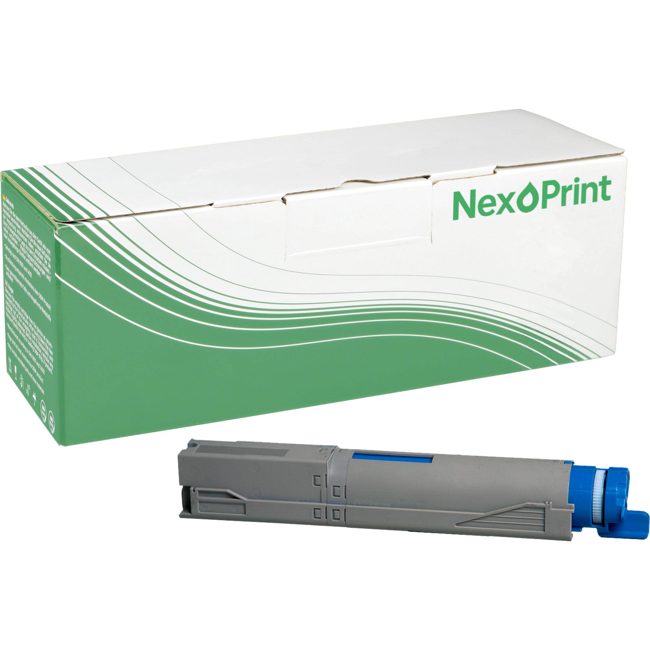 Eine grüne und weiße Nexoprint-Tonerbox sitzt neben einer grauen Tonerkartusche und illustriert die Produktverpackung und den Inhalt.