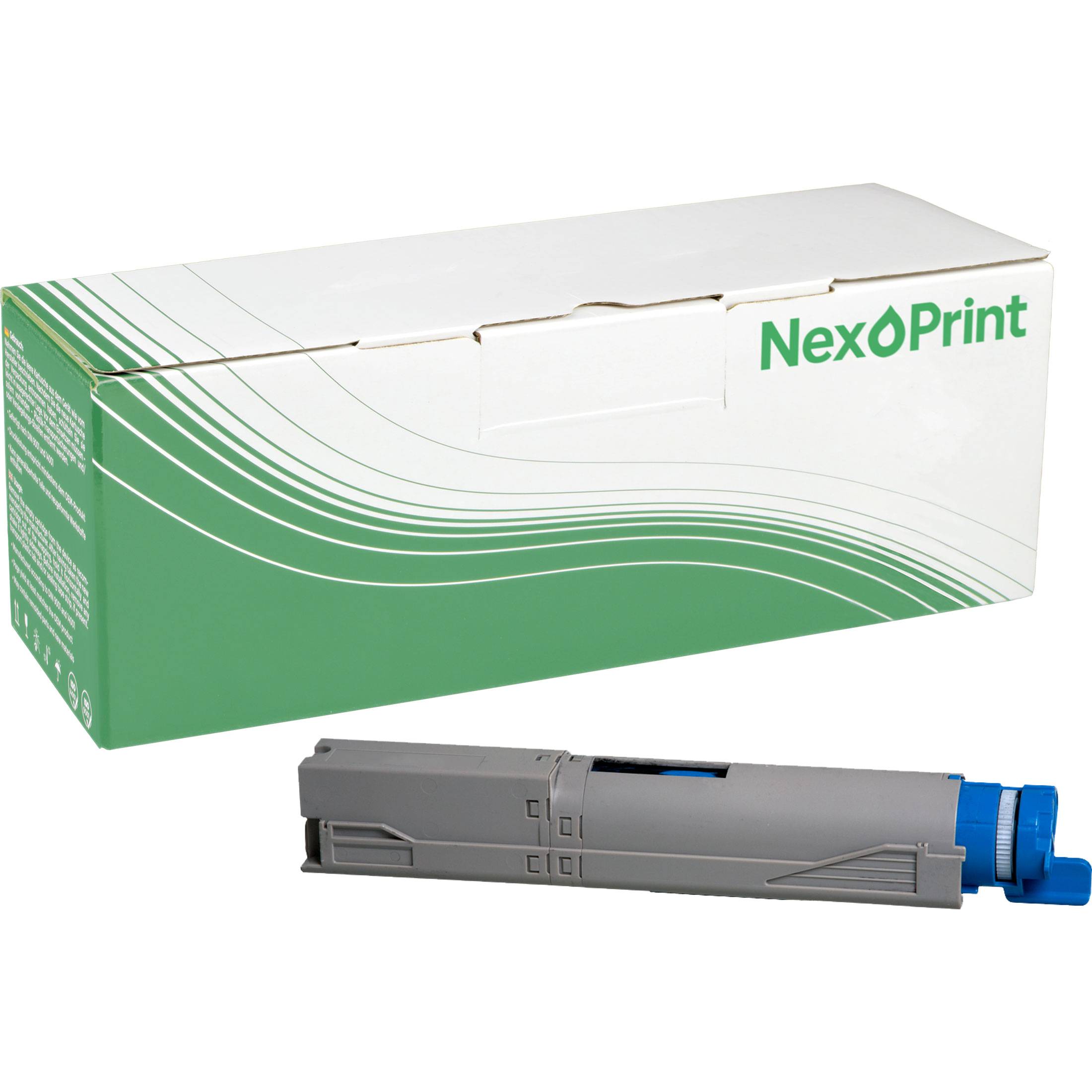 Eine Drucktonerpatrone liegt vor ihrer grünen und weißen NexPrint-Schachtel, die blaue Details und gebogene Linienmuster aufweist.