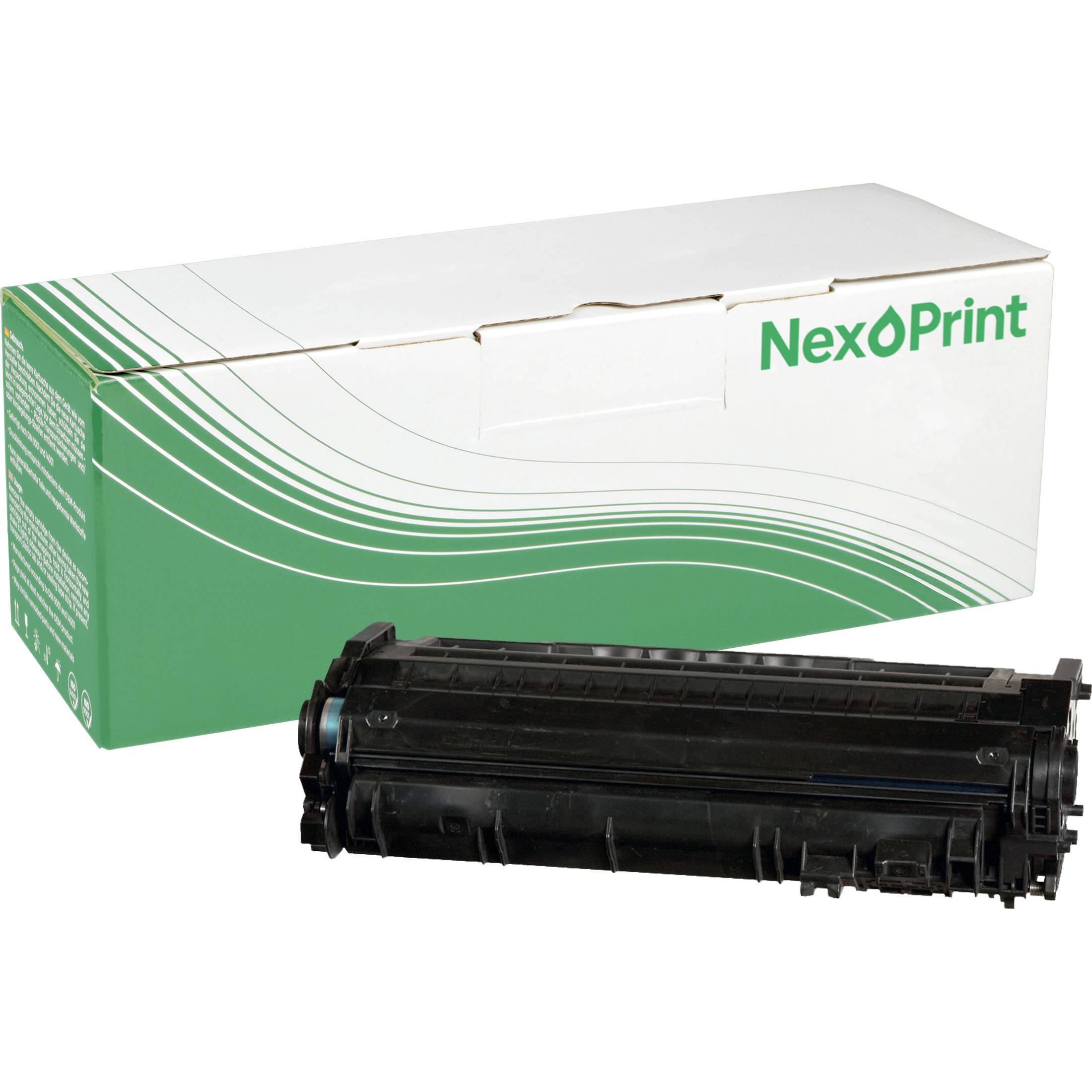 Eine schwarze Tonerkartusche neben einer grünen und weißen NexPrint-Schachtel mit Wirbeldesign, was auf Verpackung für ein Druckerzubehör hindeutet.
