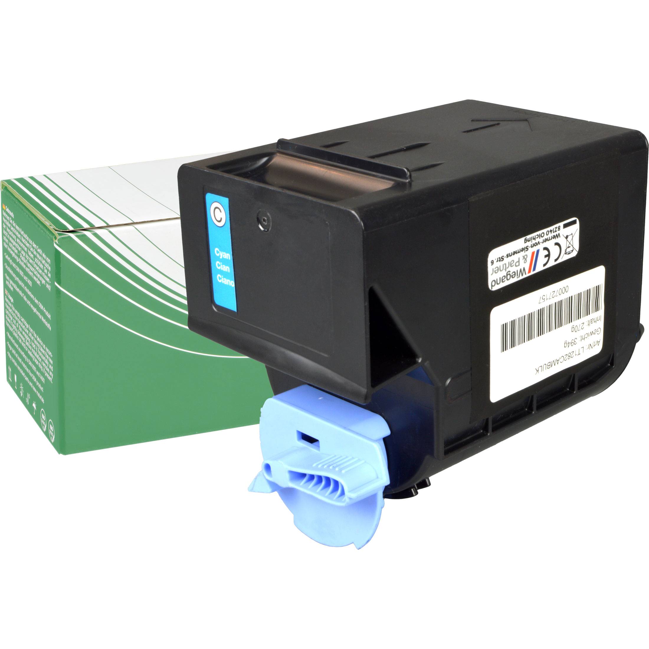 Eine schwarze und blaue Druckertonerkartuschen neben ihrer grün-weißen Verpackung. Das Etikett zeigt ein „C