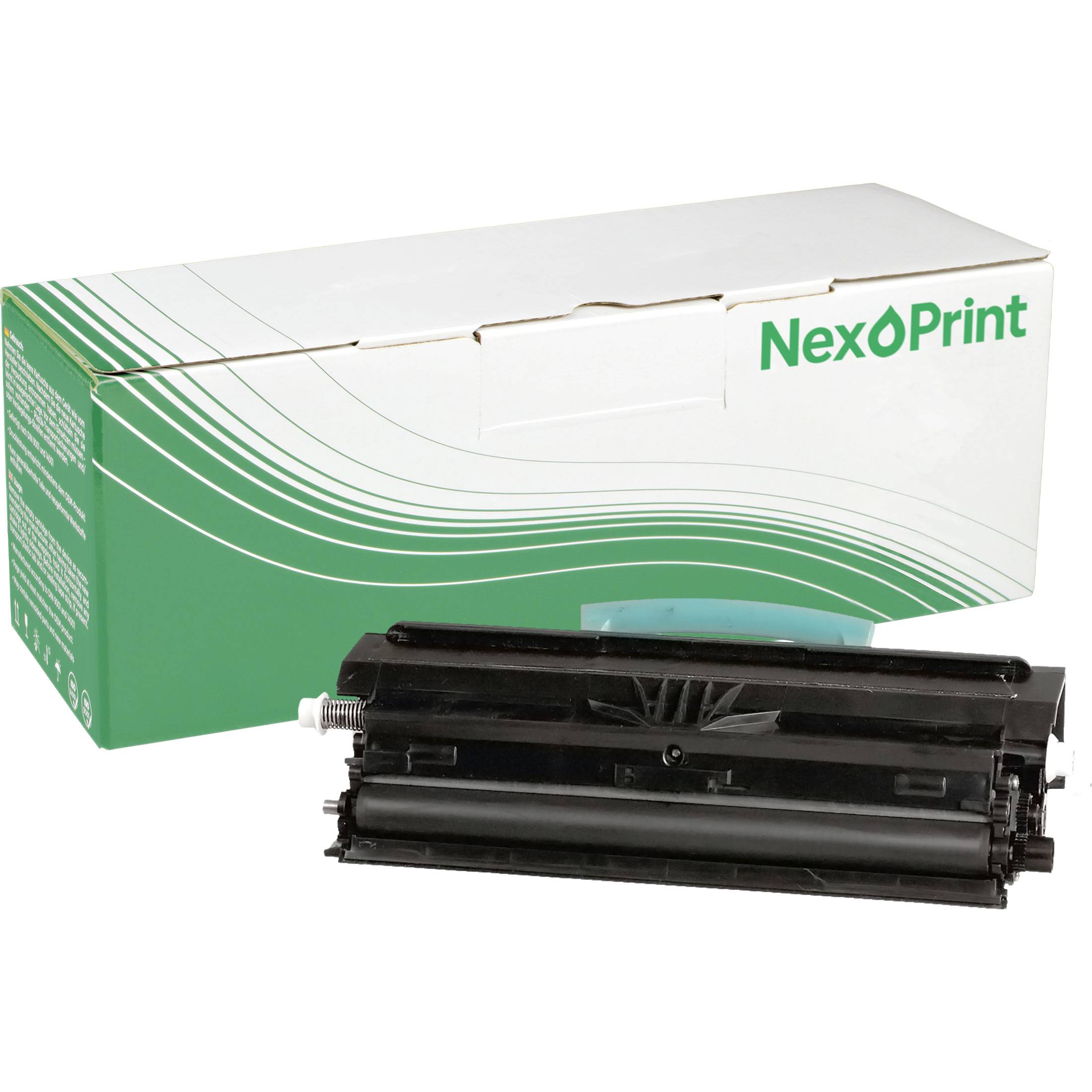Druckertonerpatrone neben einer weißen und grünen „NexoPrint