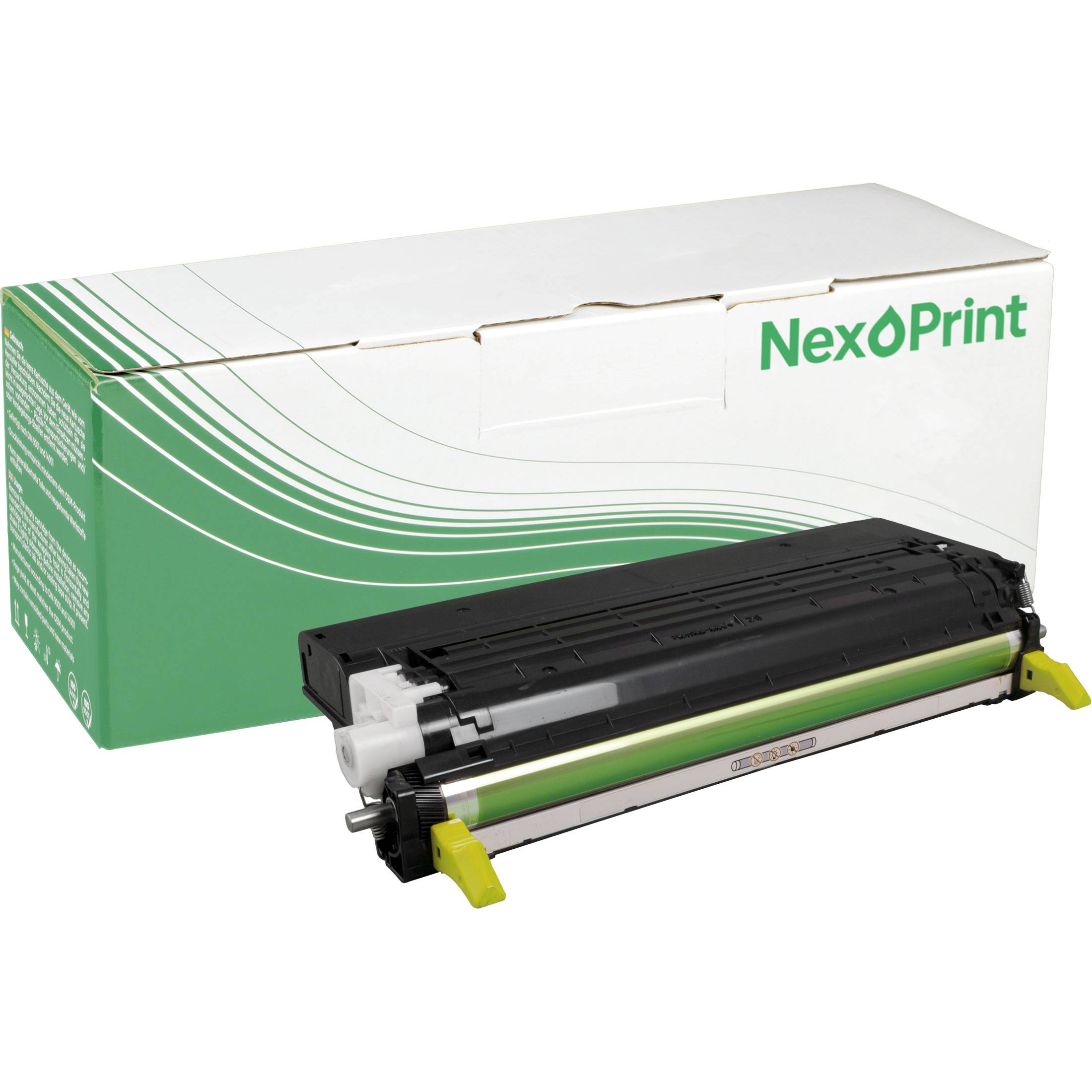 Tonerkartusche vor einer NexPrint-Schachtel, zeigt Verpackungsdesign mit grünen und weißen Linien.