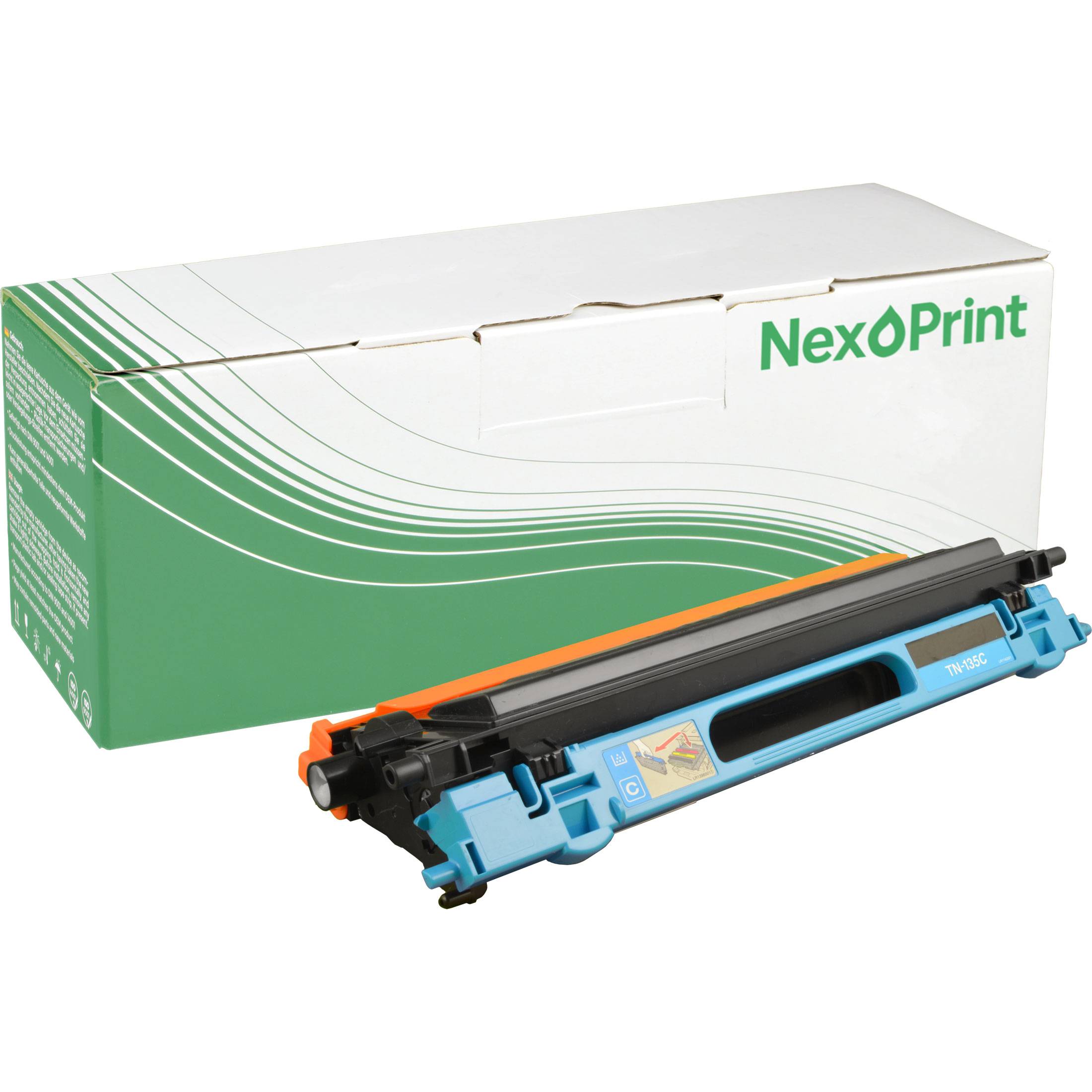 Tonerpatrone in Cyan-Farbe neben einer grün-weißen NexPrint-Schachtel, geeignet für Laserdrucker.