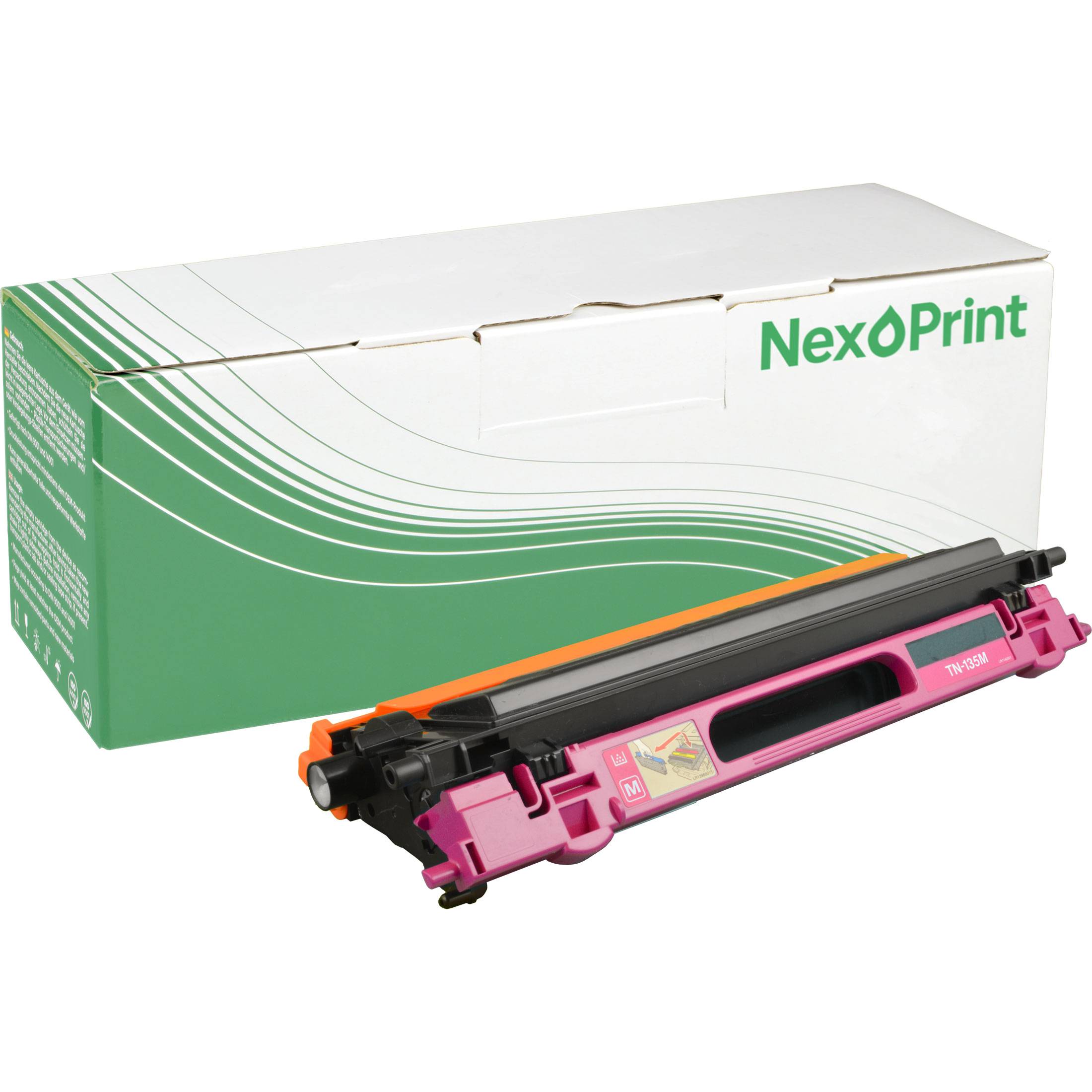 Eine magentafarbene NexOPrint-Tonerpatrone neben ihrer grün-weißen Verpackungsbox.