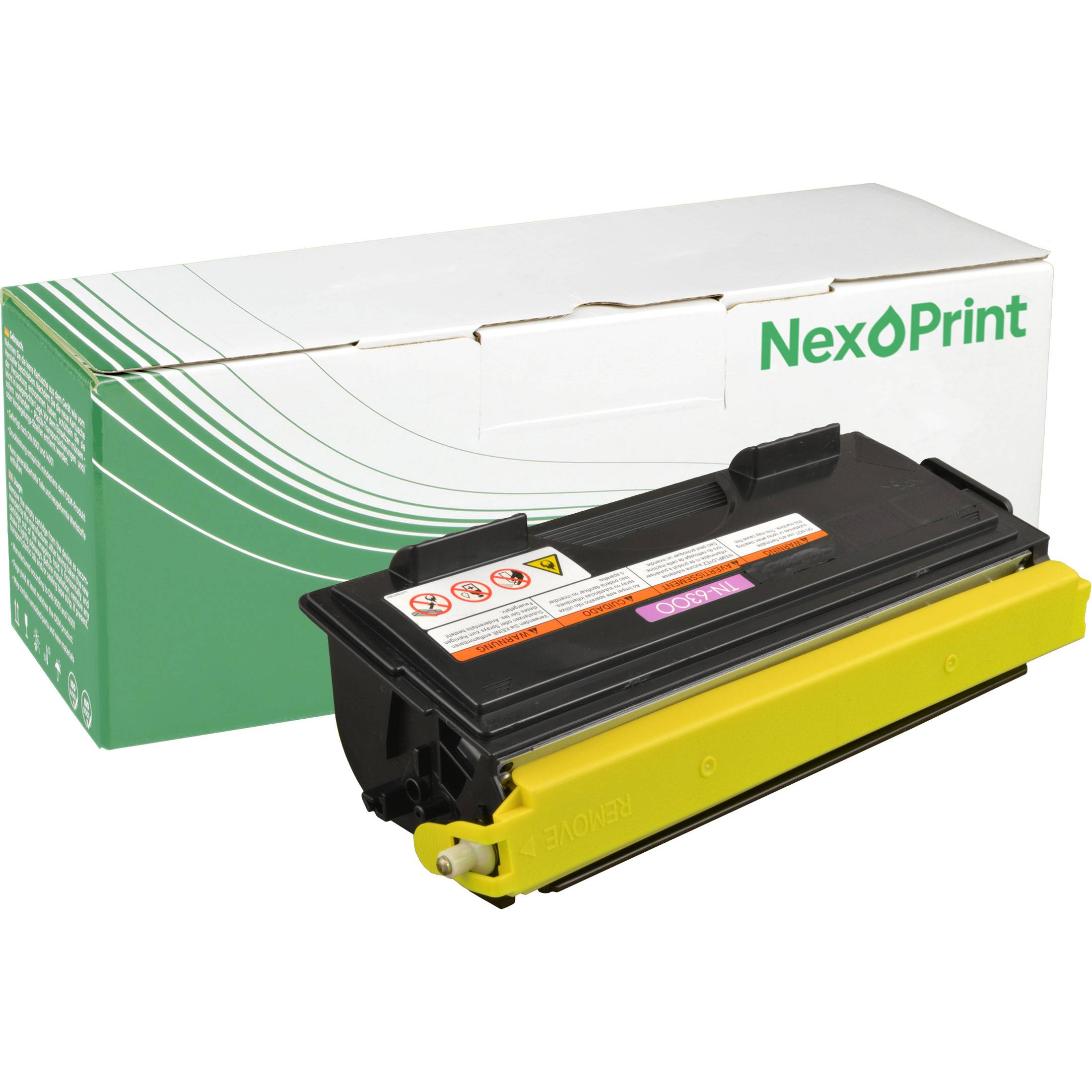 Gelbe NexPrint-Tonerkartusche vor ihrer Markenverpackung platziert, die Druckermodellkompatibilität und Anweisungen anzeigt.