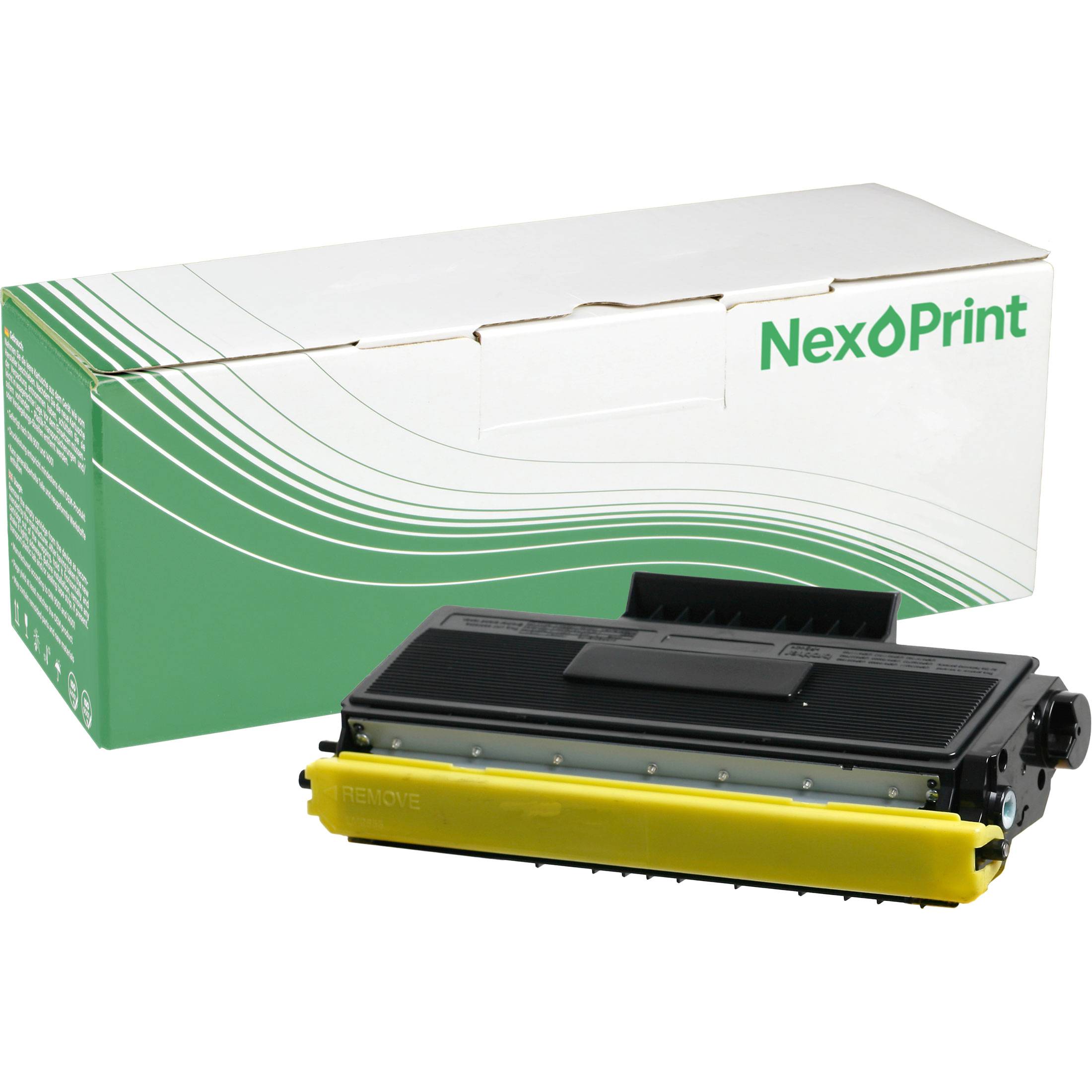 Das Bild zeigt eine mit NexPrint gekennzeichnete Tonerpatrone mit ihrer Verpackungsschachtel. Die Schachtel verfügt über grüne und weiße Farben mit geschwungenen Linien.