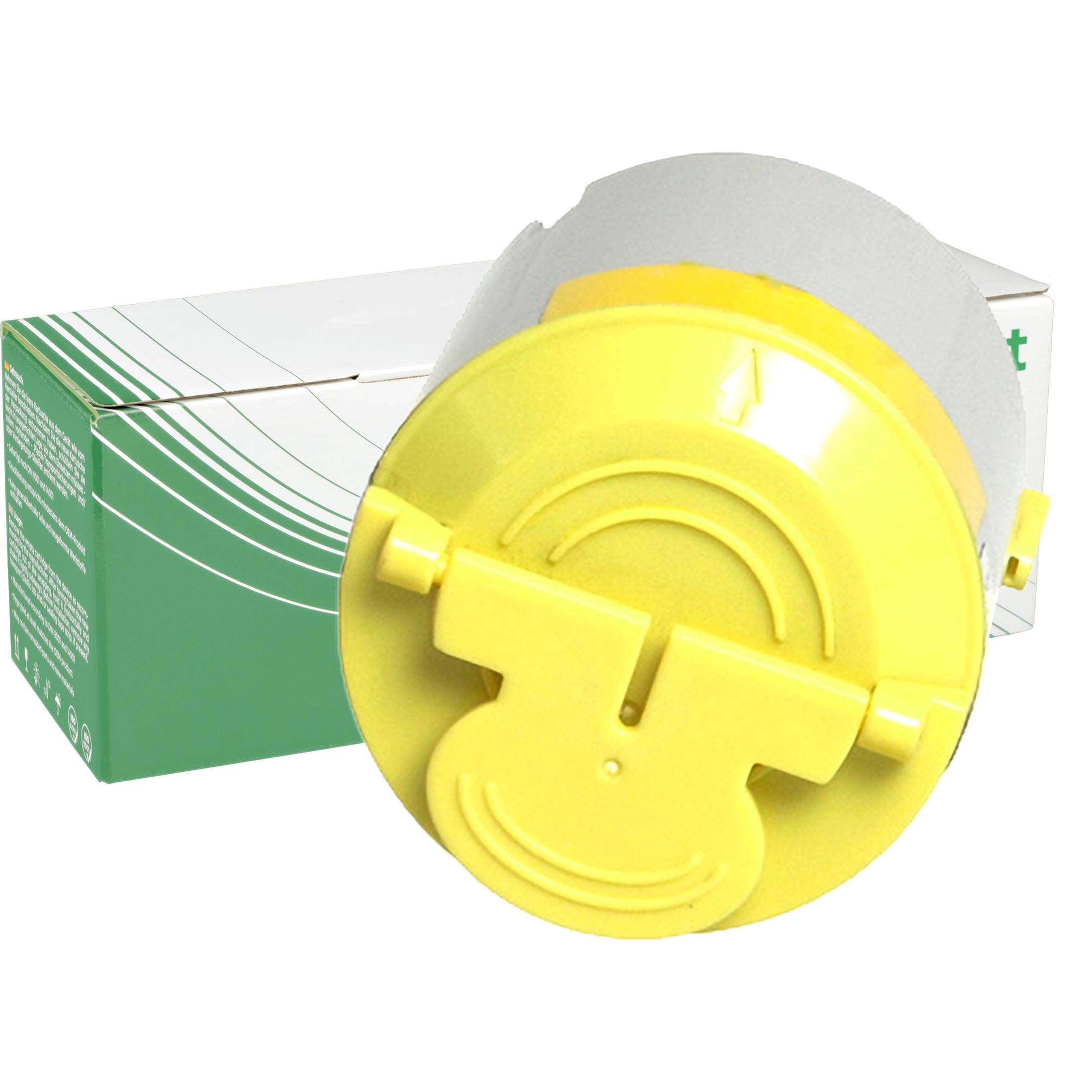 Eine gelbe elektrische Anschlussdose und ihre grüne Verpackungsbox werden gezeigt, wobei das kreisförmige Design und die Montagefunktionen hervorgehoben werden.