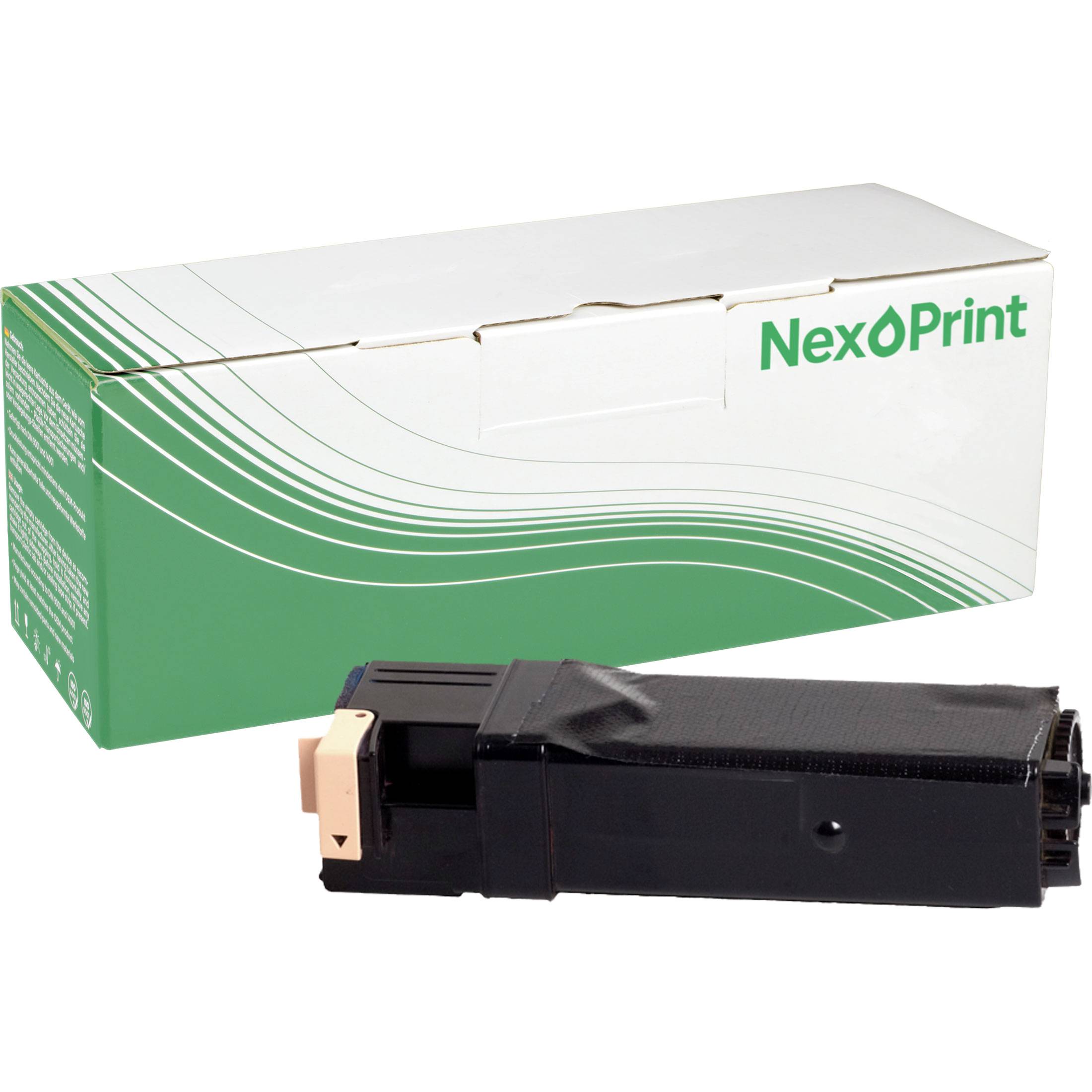 NexOPrint-Tonerpatrone vor ihrer Verpackungsbox, mit grünen und weißen Designelementen und sichtbarem Markennamen.