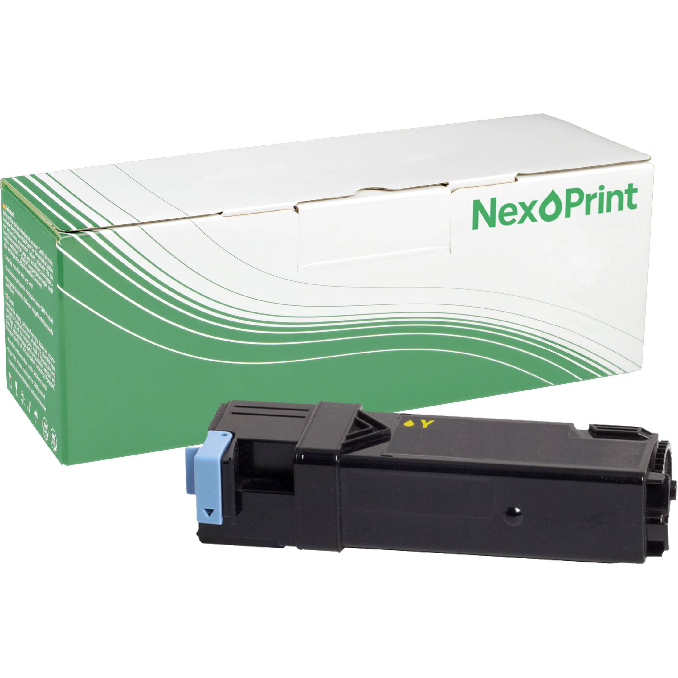 Eine schwarze Tonerpatrone sitzt vor einer grün-weißen NexPrint-Schachtel.