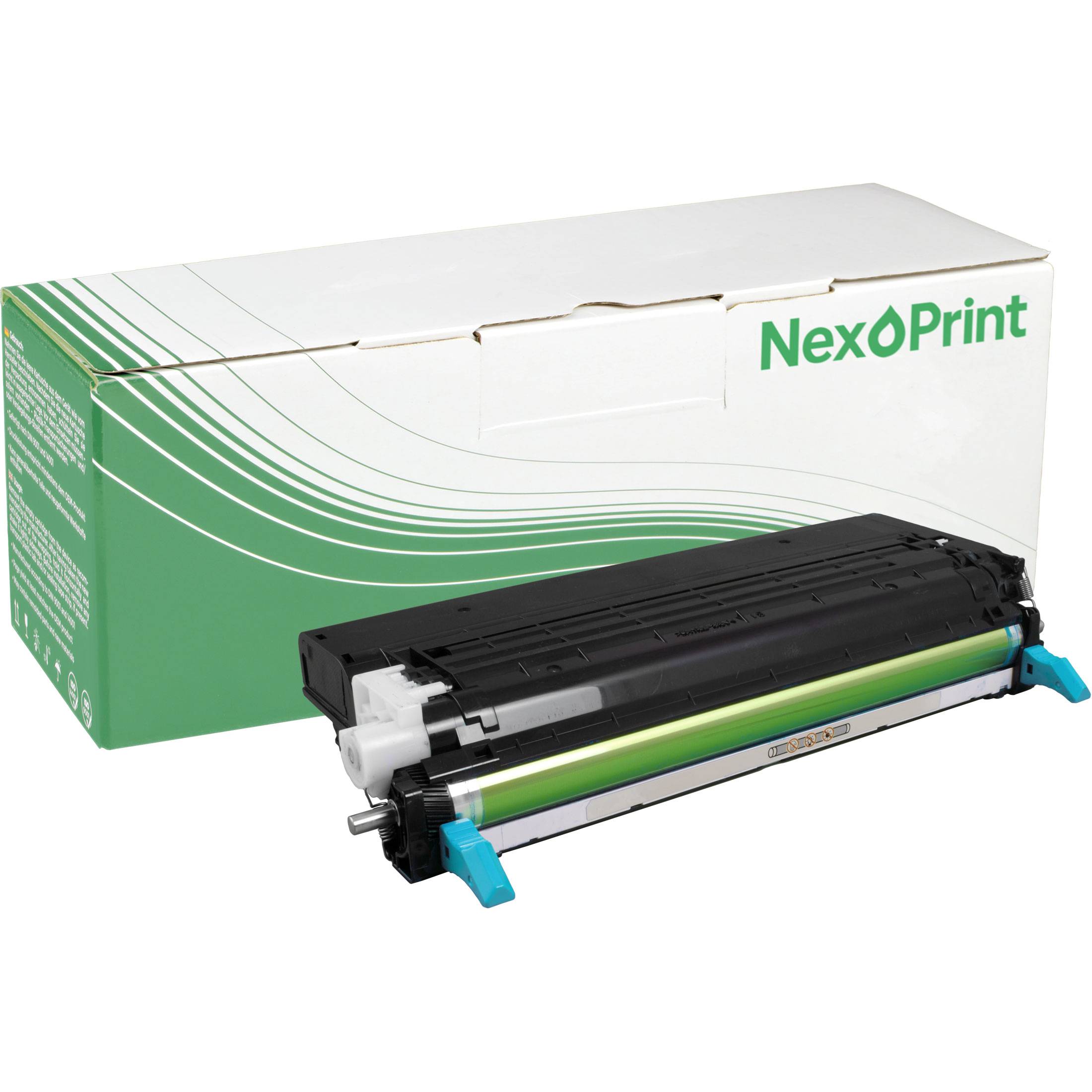 Eine Druckertonerpatrone mit ihrer Verpackung. Die Verpackung ist überwiegend grün und weiß mit dem Markennamen 'Nexoprint'.