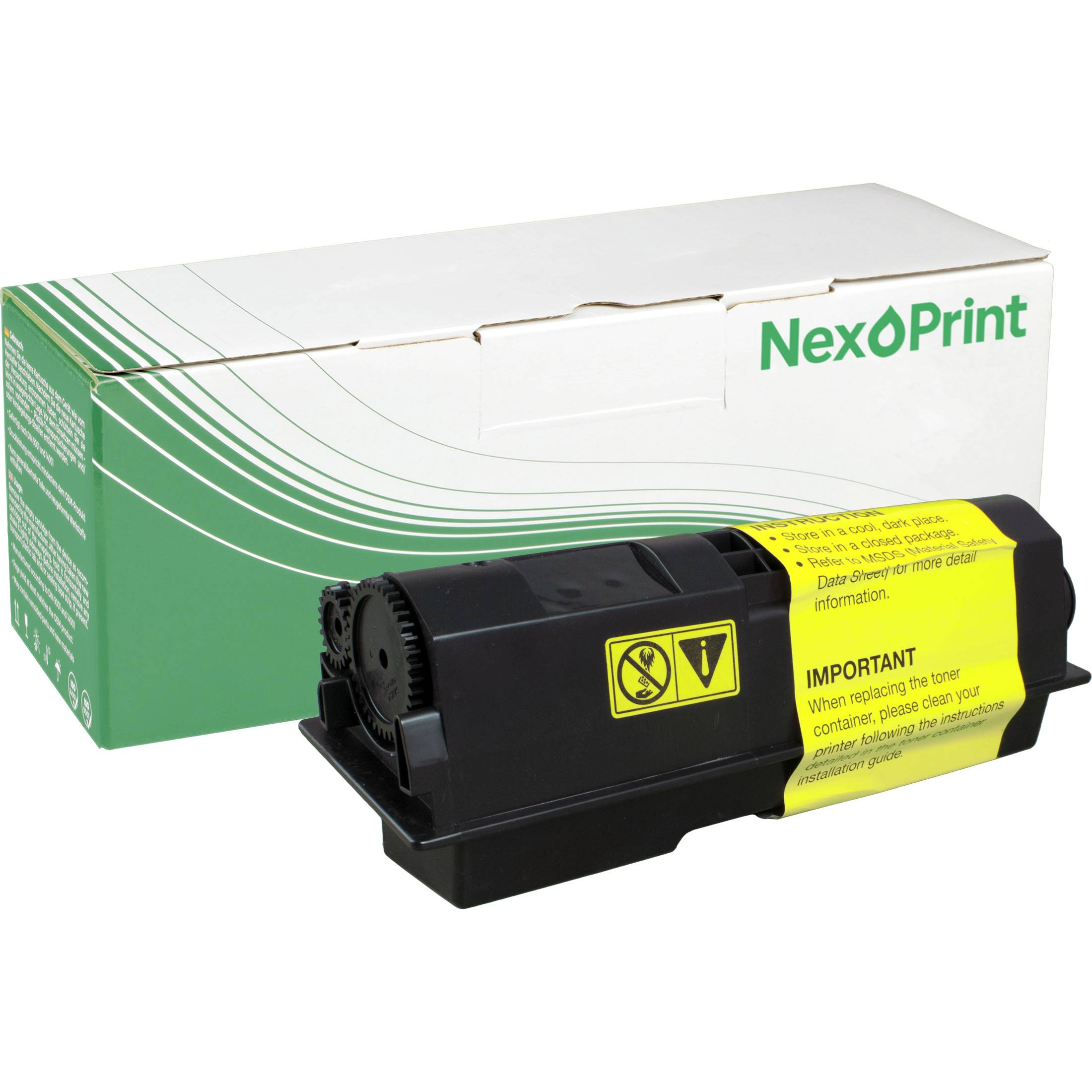 „Tonerpatrone mit gelbem Warnschild, vor einer mit NexPrint markierten Schachtel platziert.