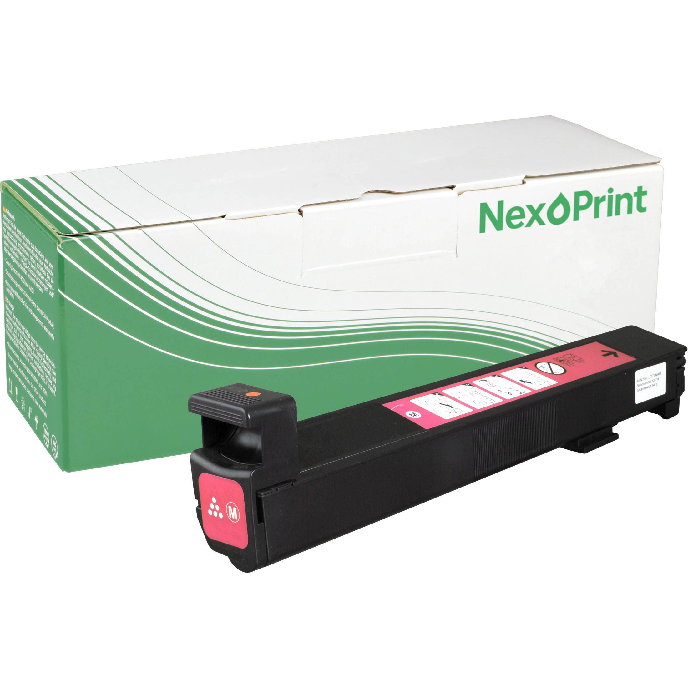 Abbildung einer NexOPrint Magenta-Tonerkartusche mit ihrer Beschriftung und Verpackungskarton in einer Einzelhandelssituation.