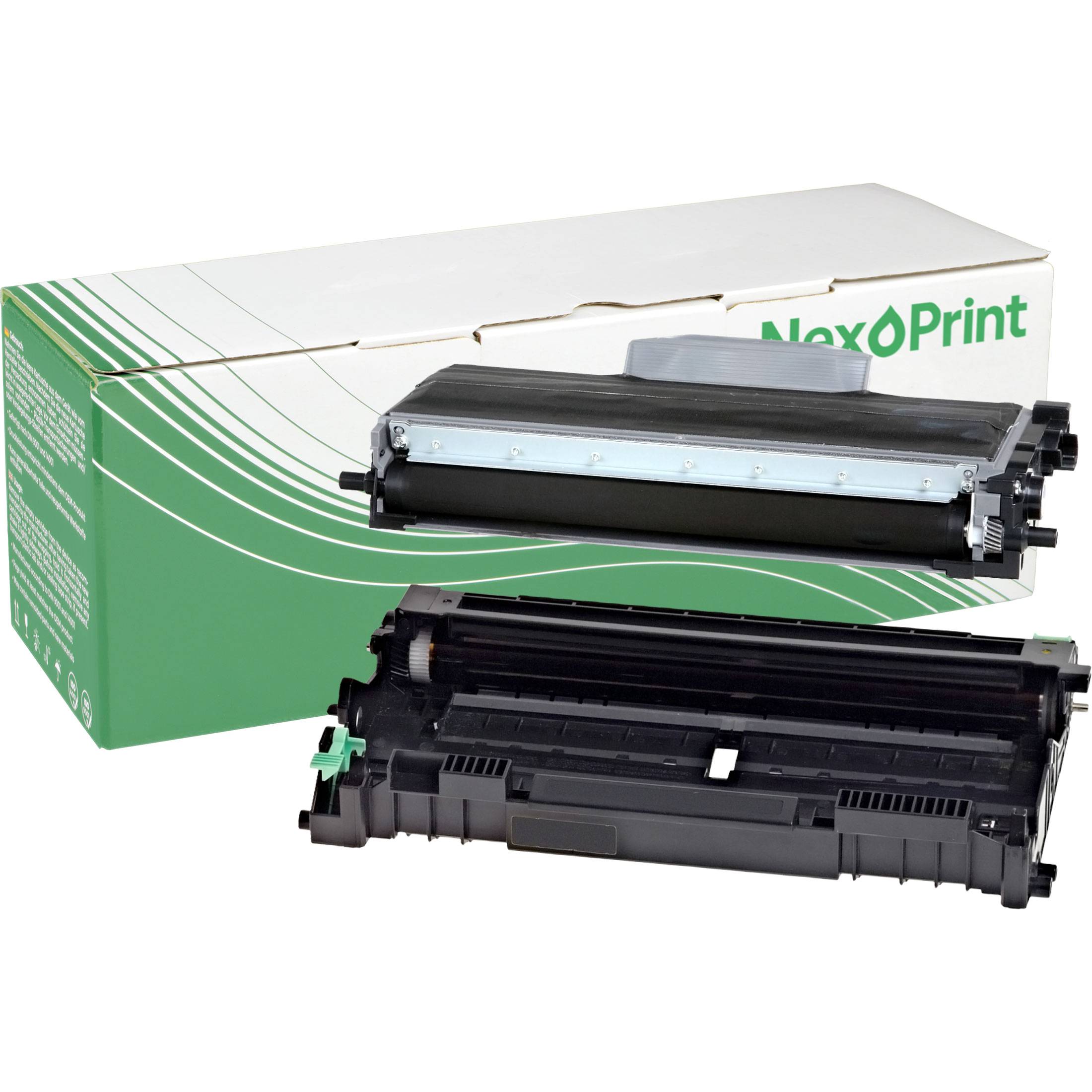 Ein Drucker-Tonerpatronen-Set, bestehend aus einer schwarzen Patrone und einer mit 'NexPrint' gekennzeichneten Schachtel, auf weißem Hintergrund.