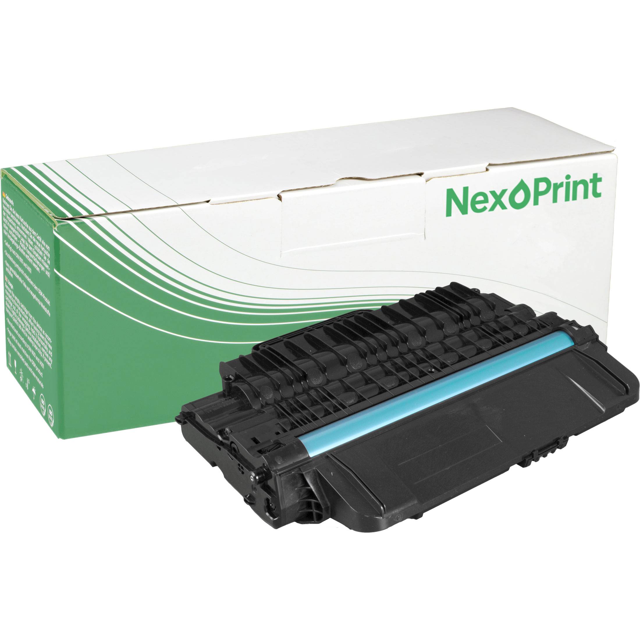 Eine Schachtel NexOPrint Tonerpatrone mit einer sichtbaren Patrone daneben, die Drucker-Nachfüll- oder Ersatzteilzubehör anzeigt.