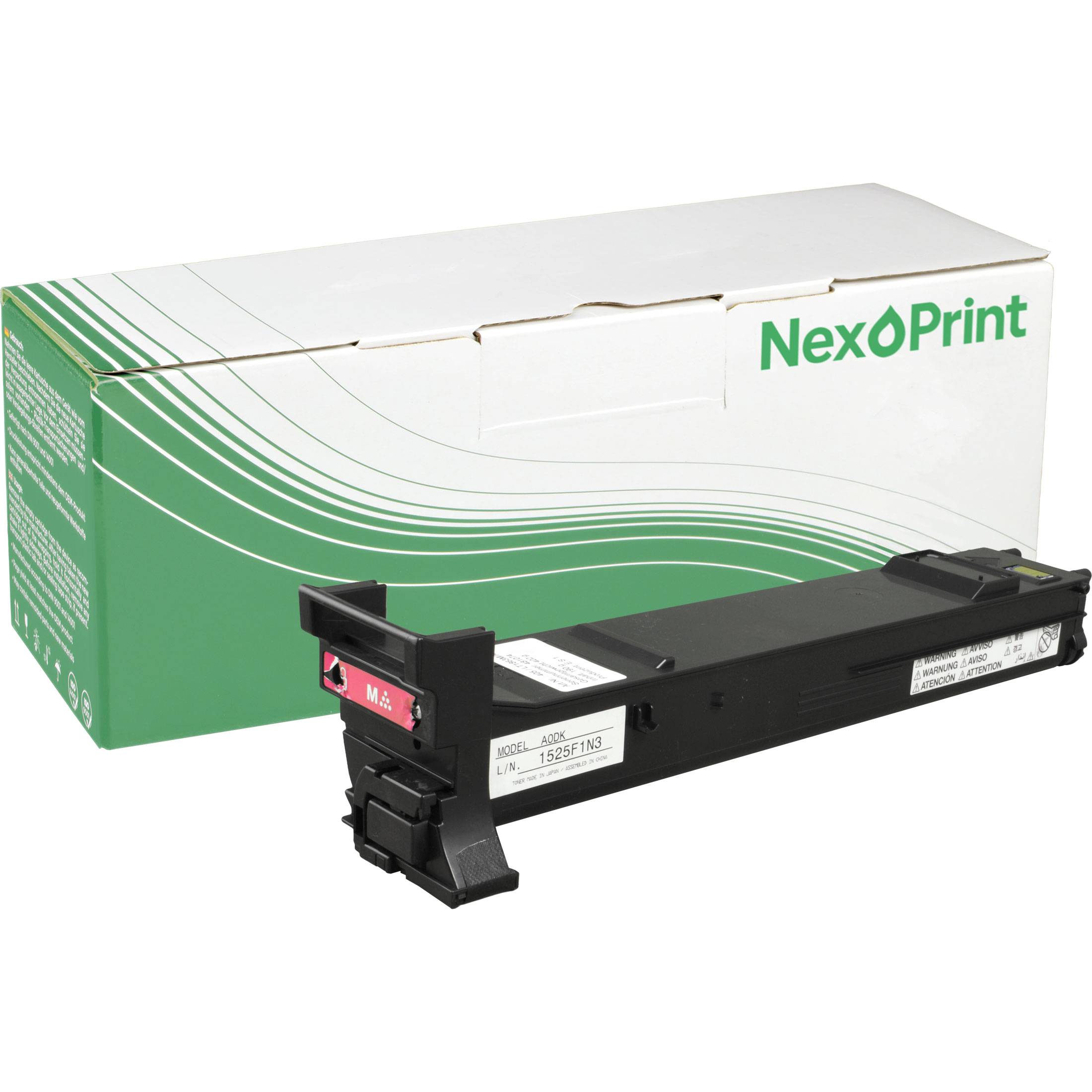 NexPrint Magenta-Tonerpatrone vor ihrer Verpackungsbox.