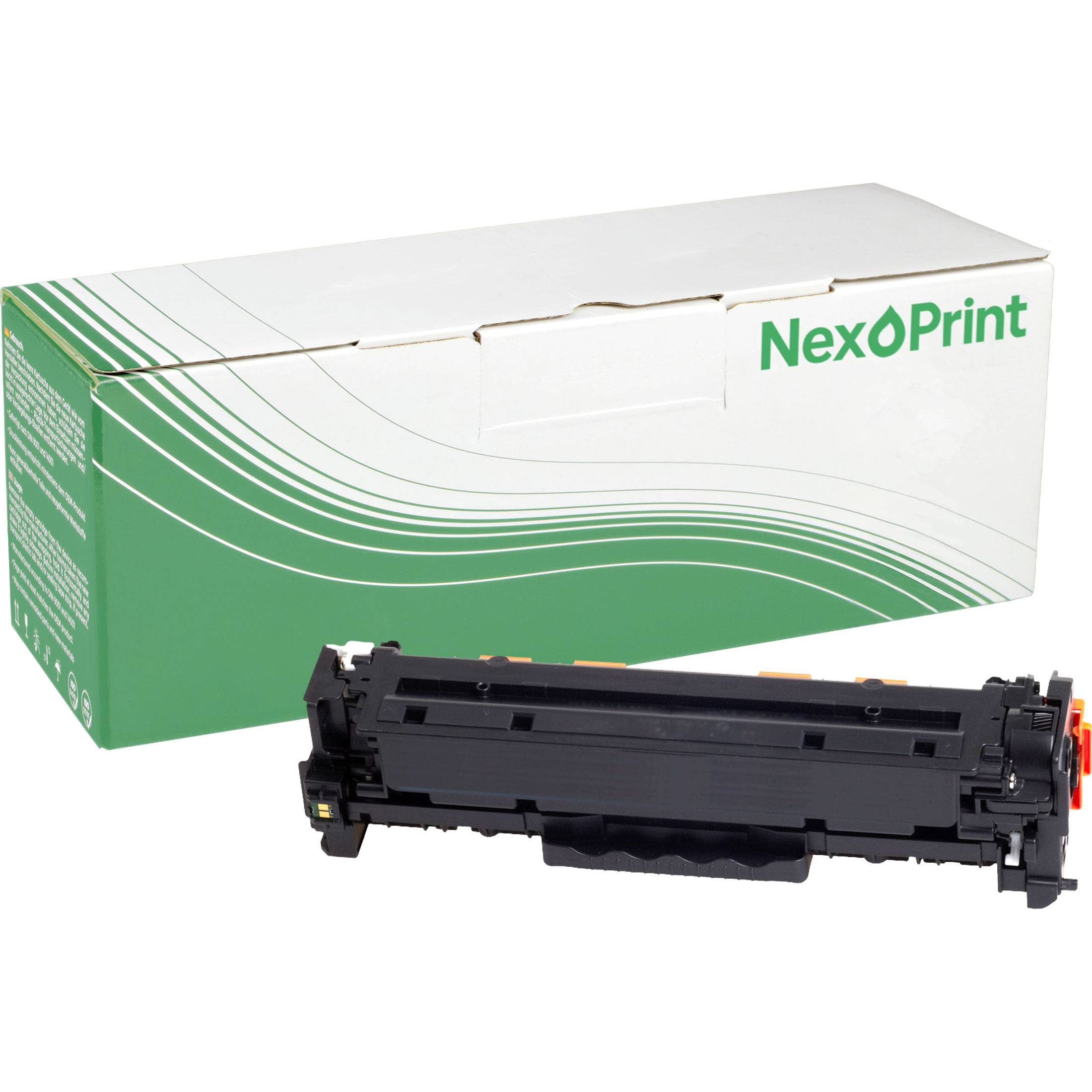 NexOPrint Tonerpatrone und deren Verpackungsbox, die das Markenlogo und das grüne Wellendesign auf der Box zeigen.