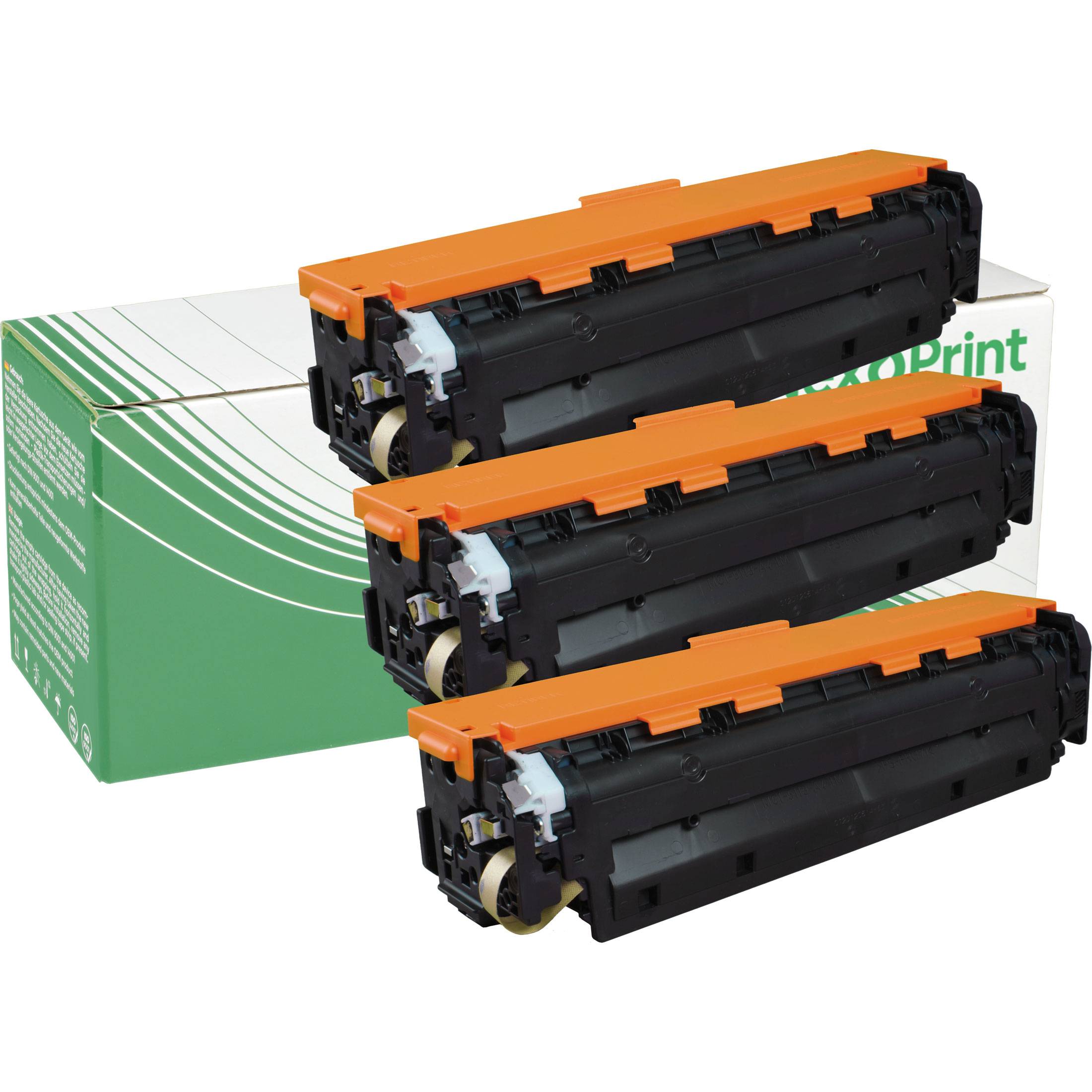 Drei schwarze und orange Tonerpatronen gestapelt vor einer grün-weißen Schachtel.