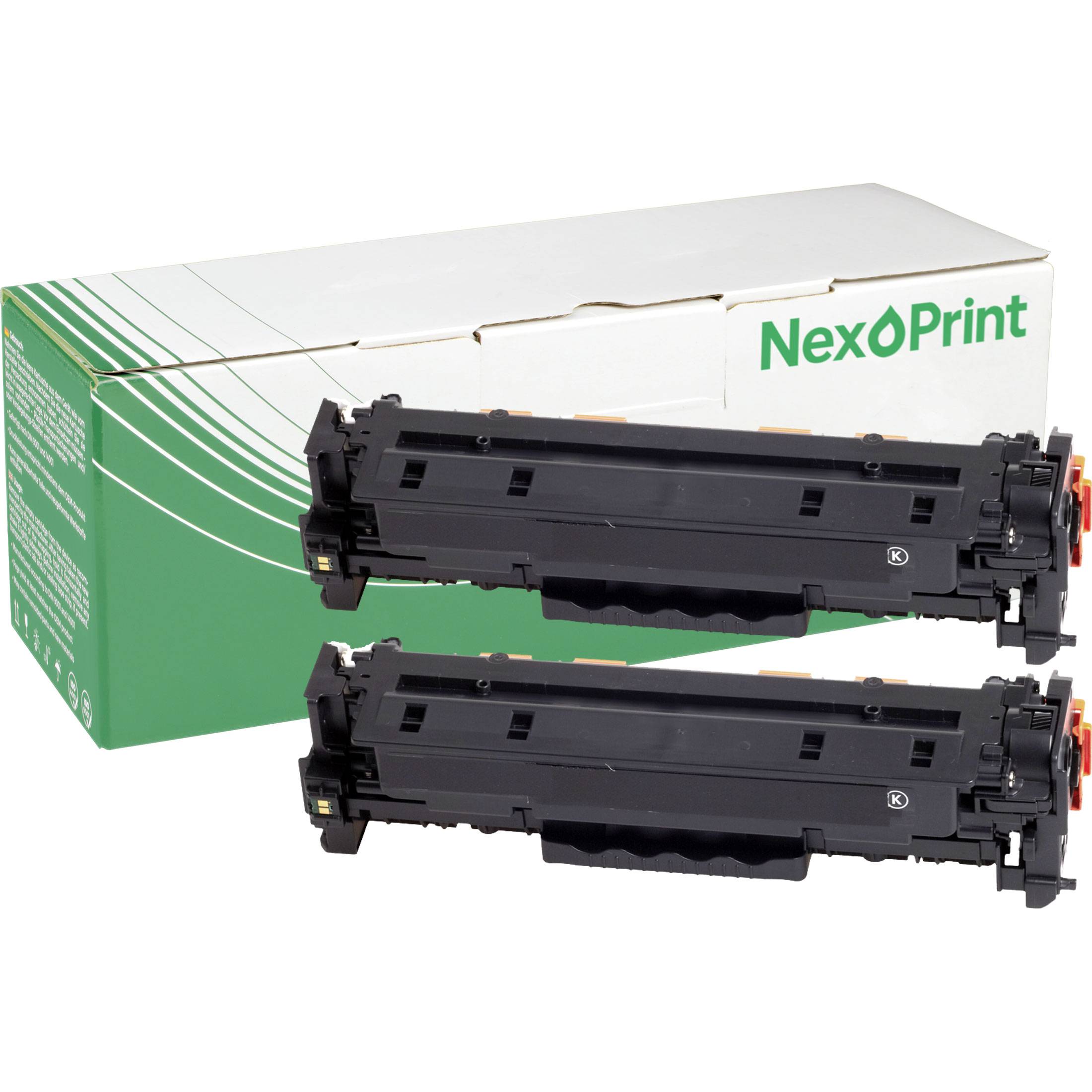 Zwei schwarze Druckertonerkartuschen werden vor einer weiß-grünen Nexoprint-Box präsentiert.