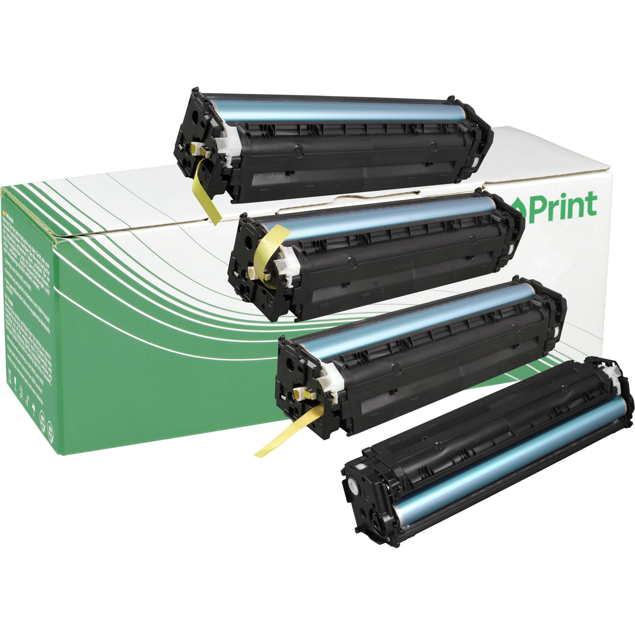 Vier schwarze Druckertonerkartuschen, die auf einer grün-weißen Box mit der Aufschrift „Print