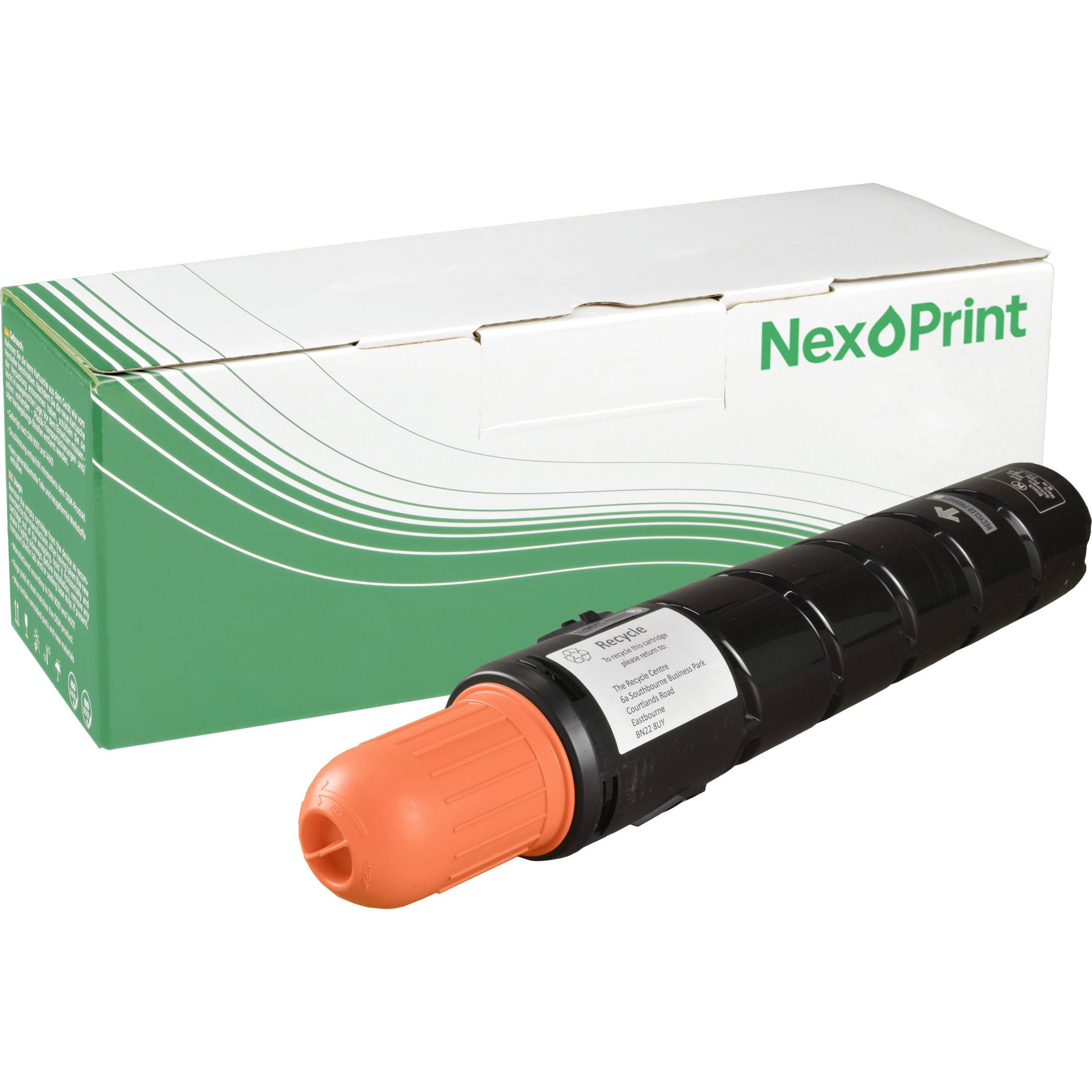 Eine Druckertonerkassette mit orangefarbener Kappe wird vor eine grün-weiße NexPrint-Markenbox gestellt.
