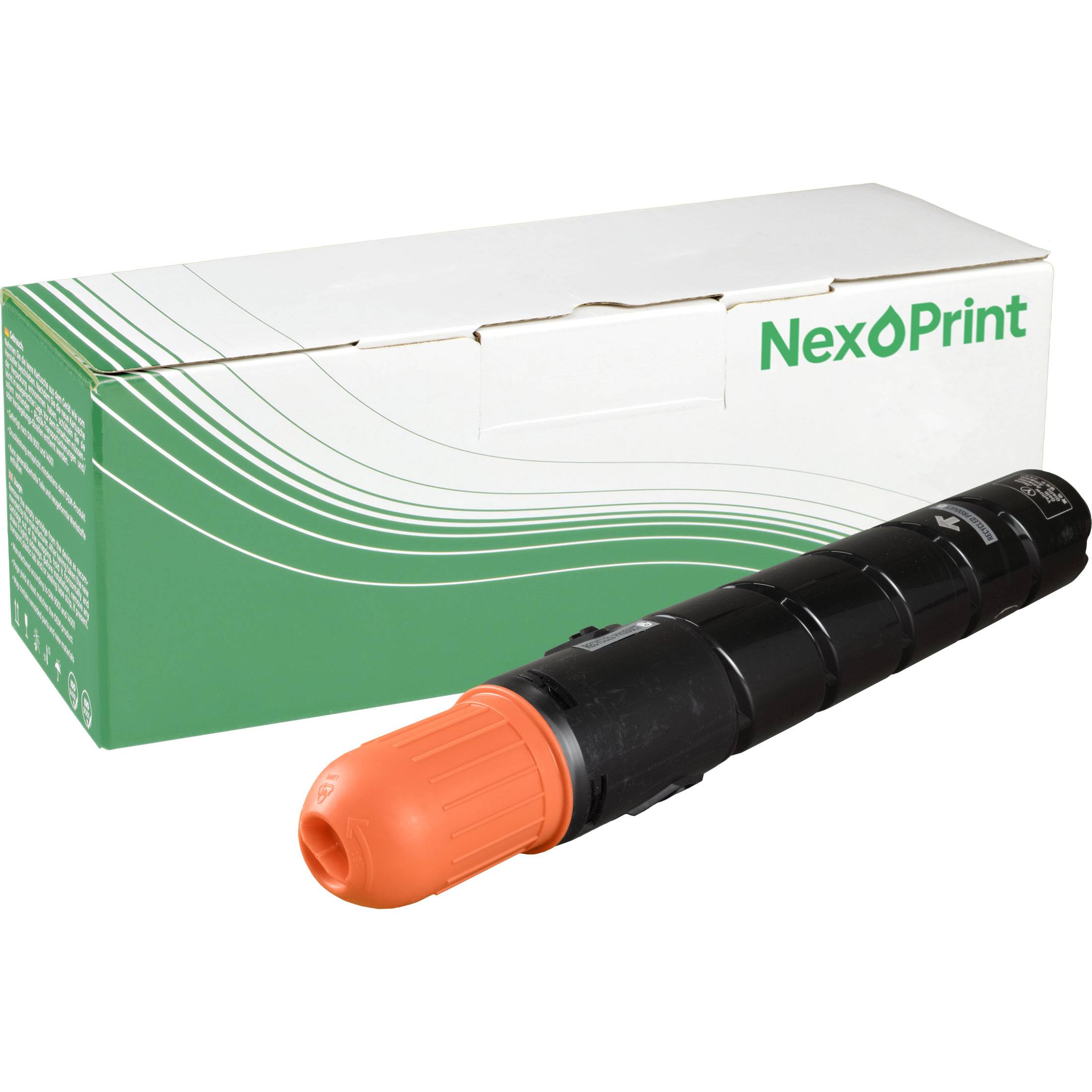 Eine grüne und weiße 'NexPrint' Markenbox mit einer schwarzen und orangefarbenen Druckertonerpatrone davor.