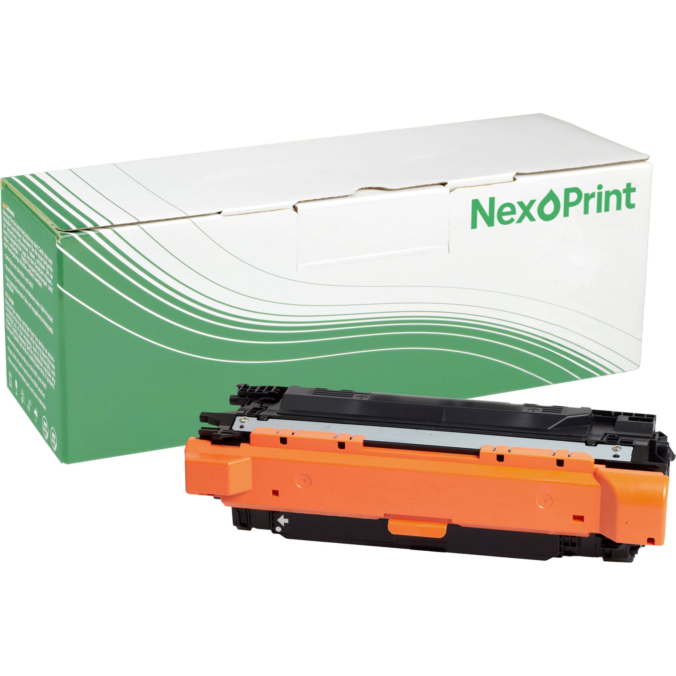 NexoPrint' Toner-Kartuschen-Verpackung, zeigt eine weiß-grüne Schachtel mit einer schwarz-orangefarbenen Toner-Kartousche davor.