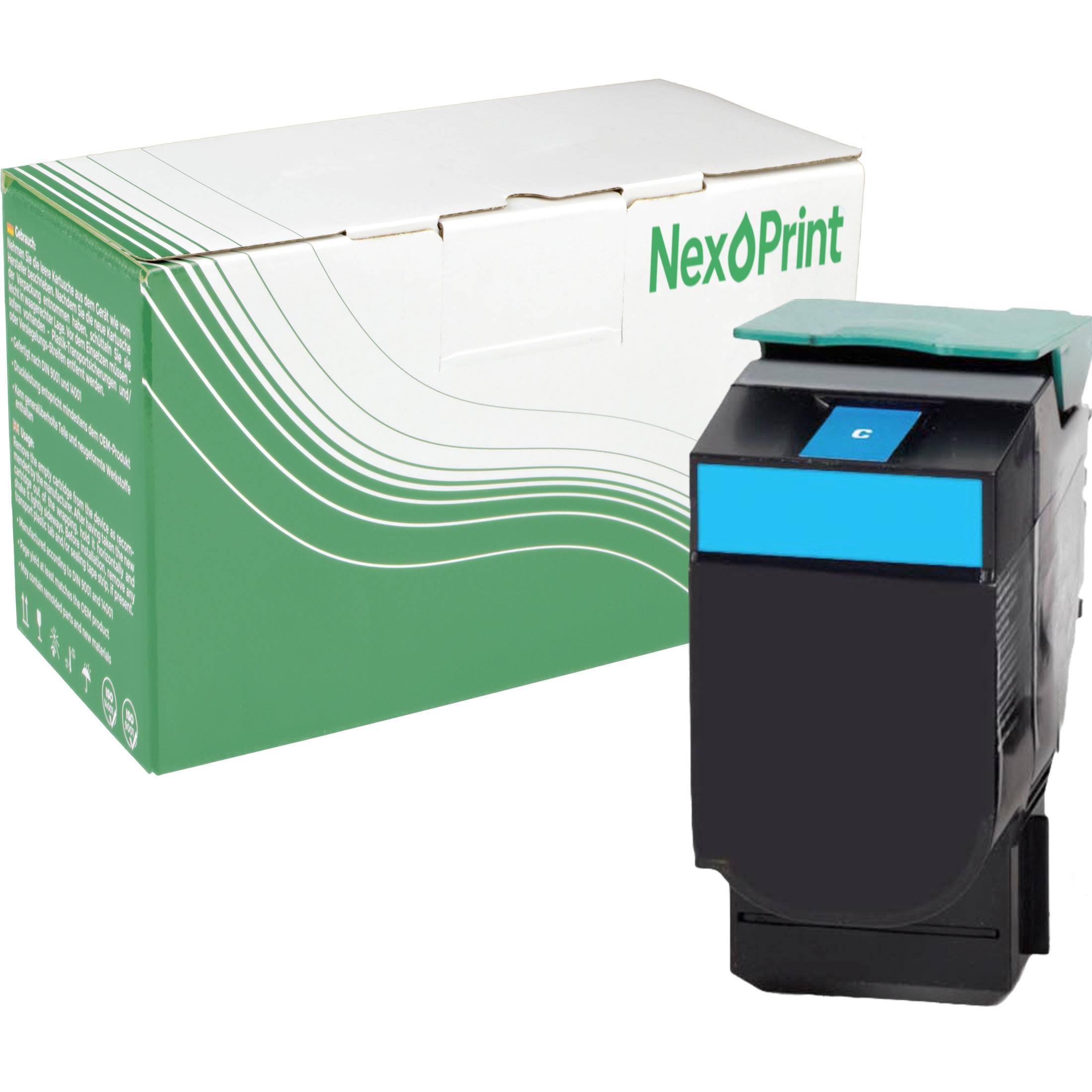 Grüne NexPrint-Druckerpatronenschachtel mit einer schwarzen und blauen Patrone daneben.