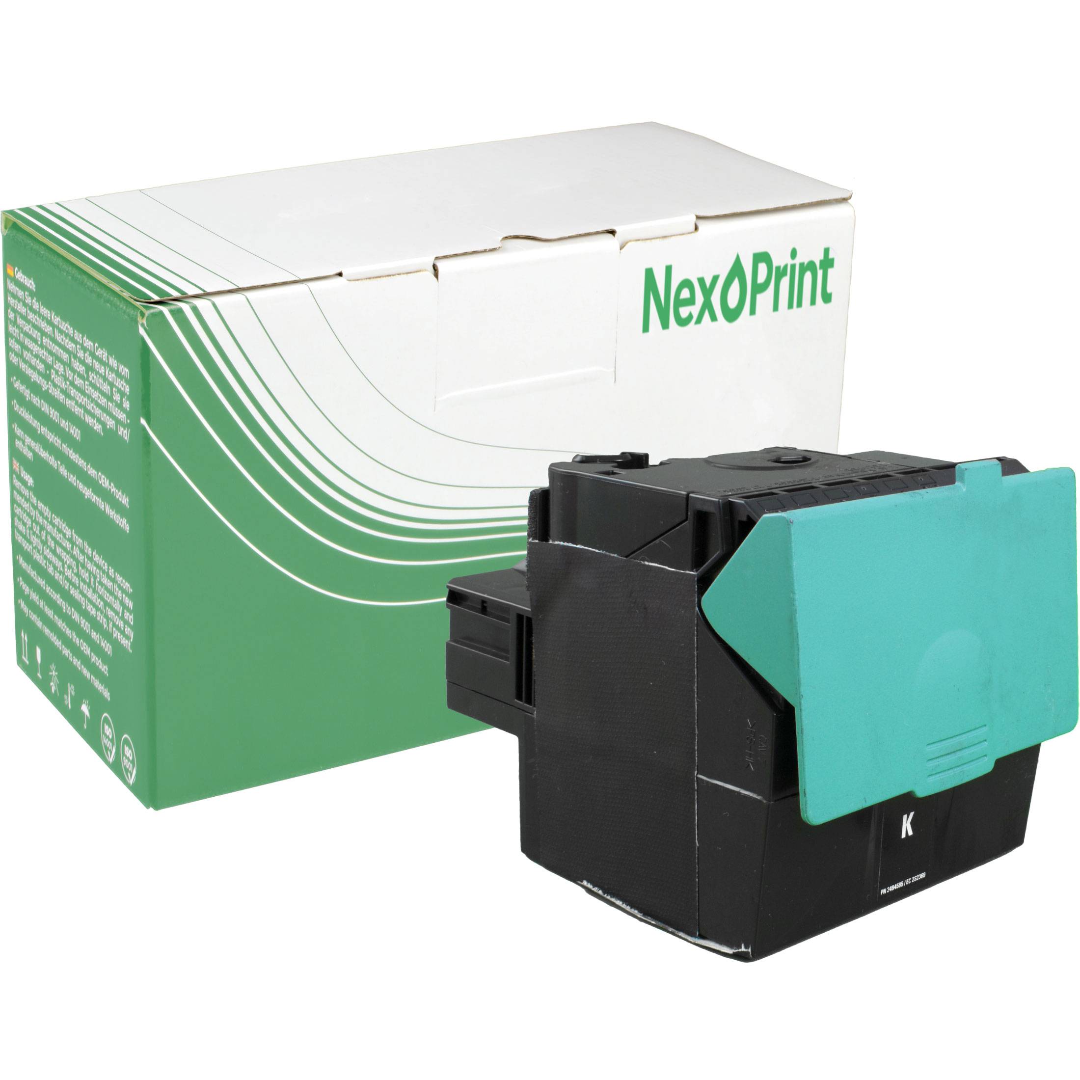 Eine NexPrint schwarze Tonerkartusche vor ihrer grün-weißen Verpackung.