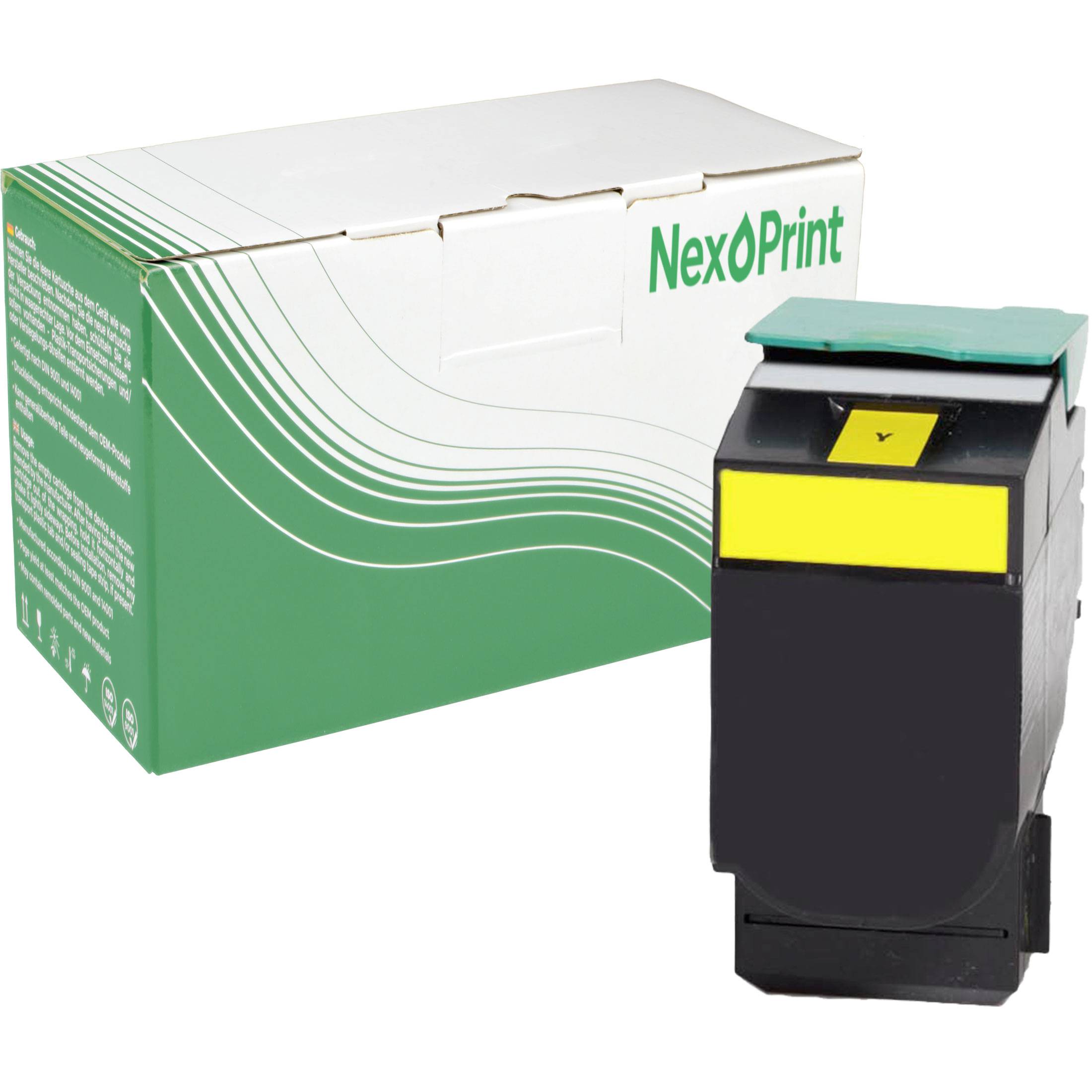 Tintenpatrone in schwarzem Gehäuse mit gelbem Etikett, positioniert neben ihrer Verpackungsbox mit der Aufschrift „NexPrint
