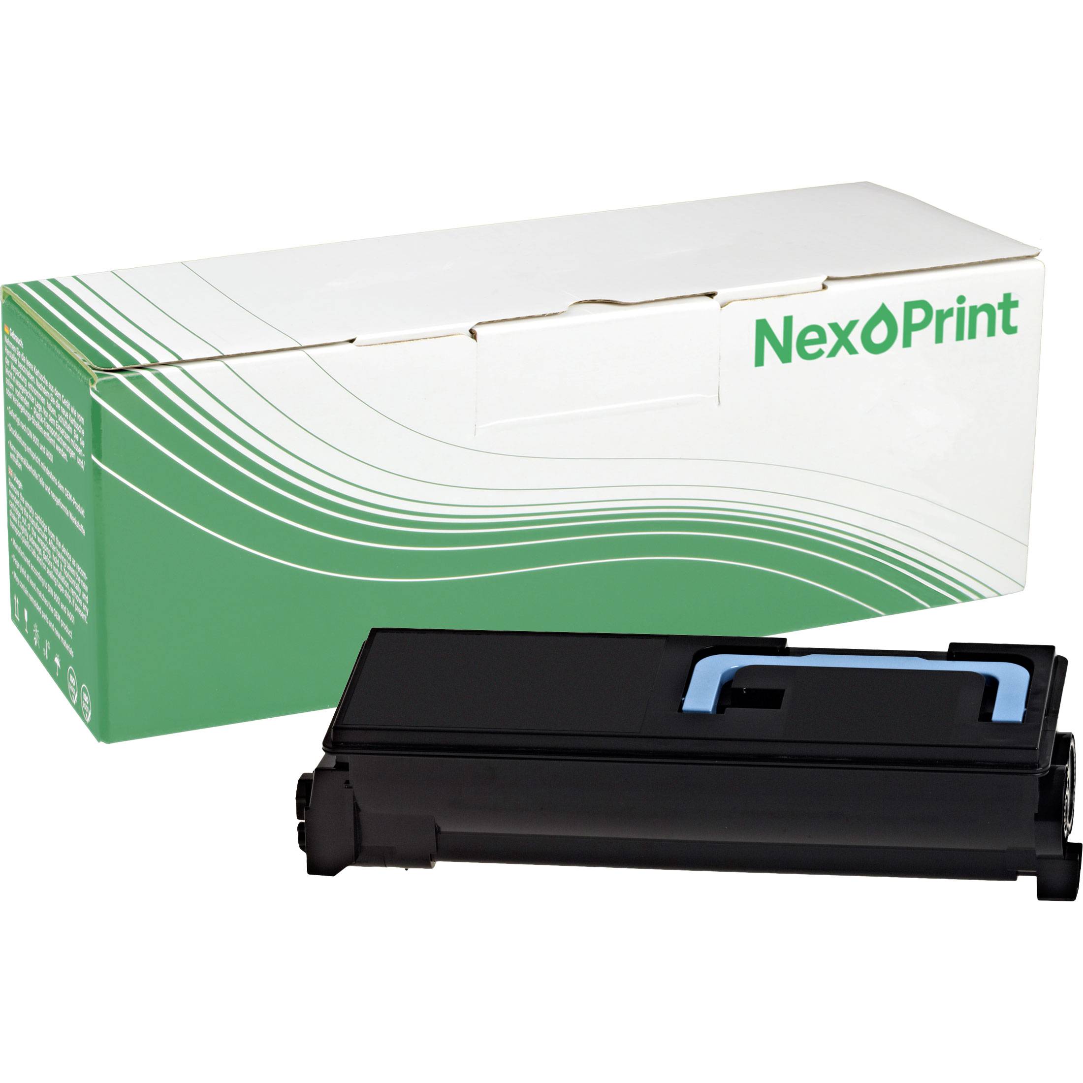 Schwarze Tonerpatrone vor einer grün-weißen Schachtel mit der Aufschrift „NexoPrint