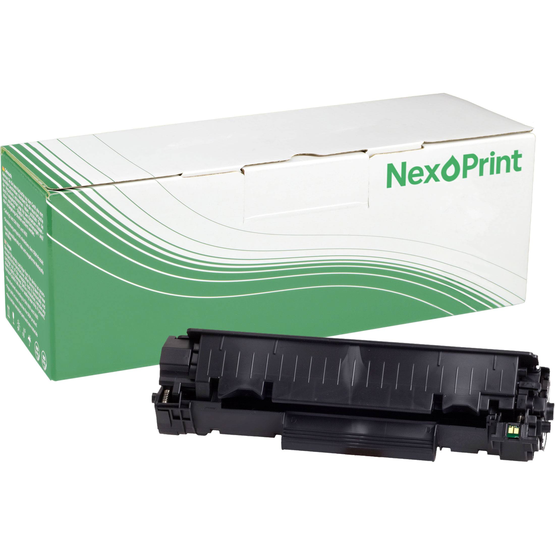Tonerpatrone neben ihrer Verpackungsschachtel mit der Bezeichnung NexoPrint, mit grünem und weißem Design.