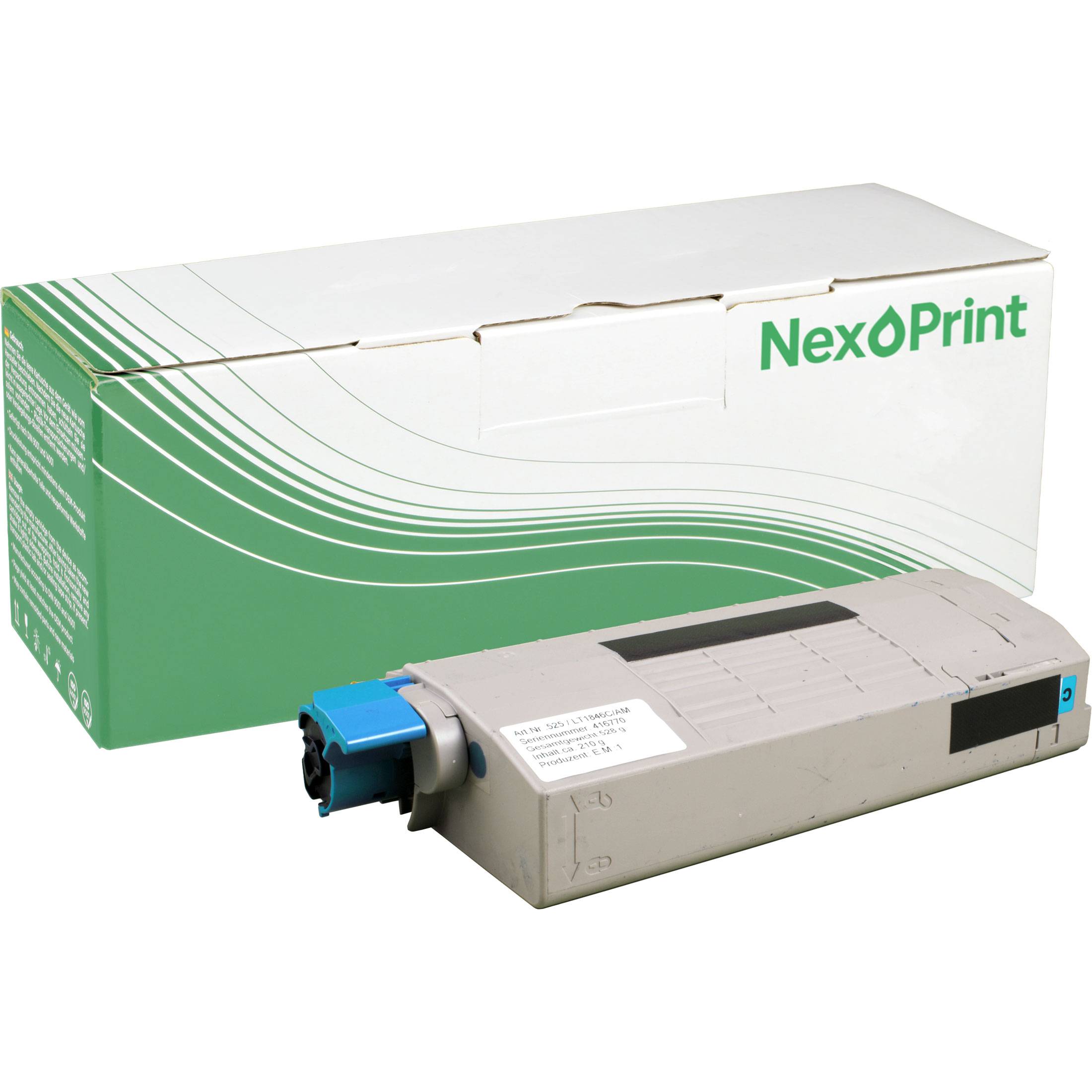 Eine Druckertonerkartuschen mit einer blauen Kappe befindet sich vor einer weiß-grünen NexOprint-Box.