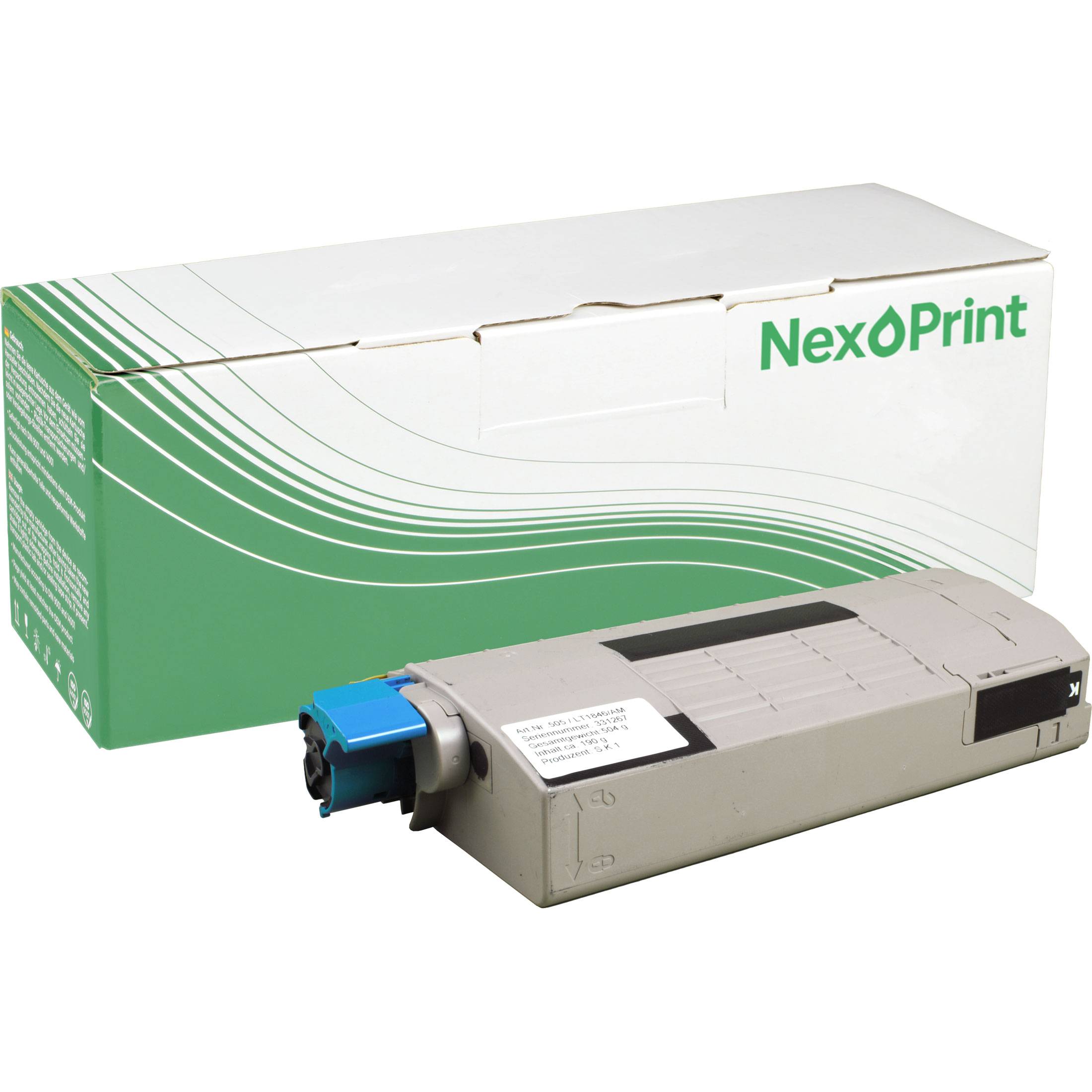 NexOPrint Tonerpatrone für Drucker, gezeigt mit Verpackung. Die Schachtel verfügt über ein grün-weißes Design mit dem „NexOPrint