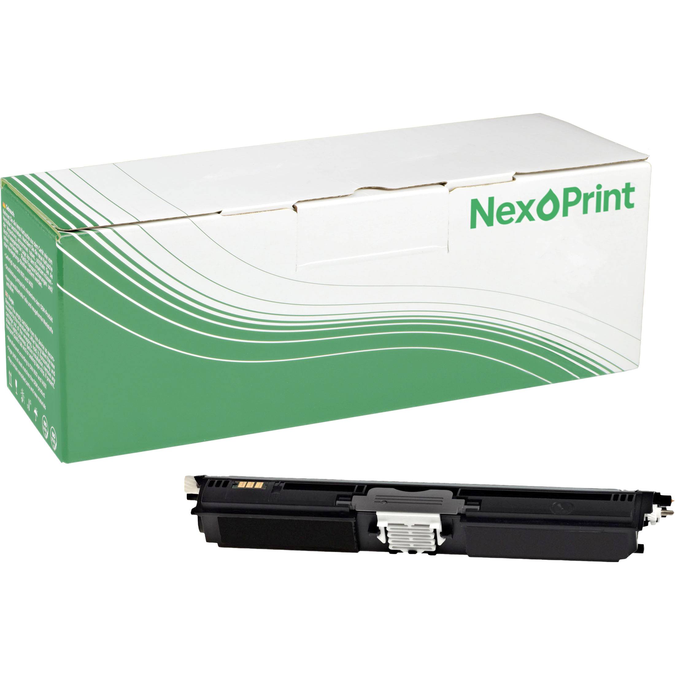 Druckertonerpatronenschachtel mit grünem und weißem Design; NexPrint-Branding. Patrone im Vordergrund abgebildet. Geeignet für Laserdrucker.