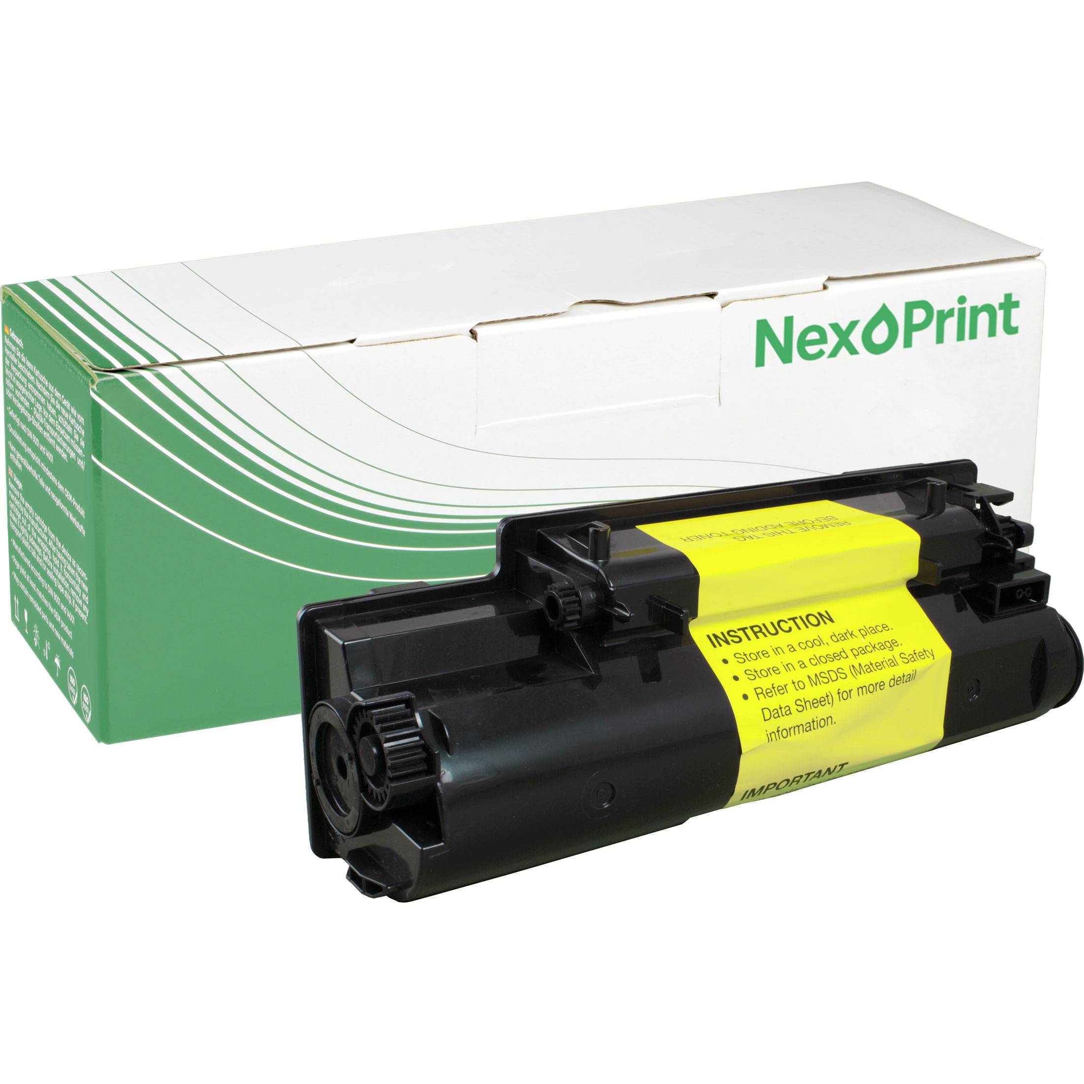 Schwarze Druckertonerkassette vor einer Schachtel der Marke NexOPrint mit grünem und weißem Design.