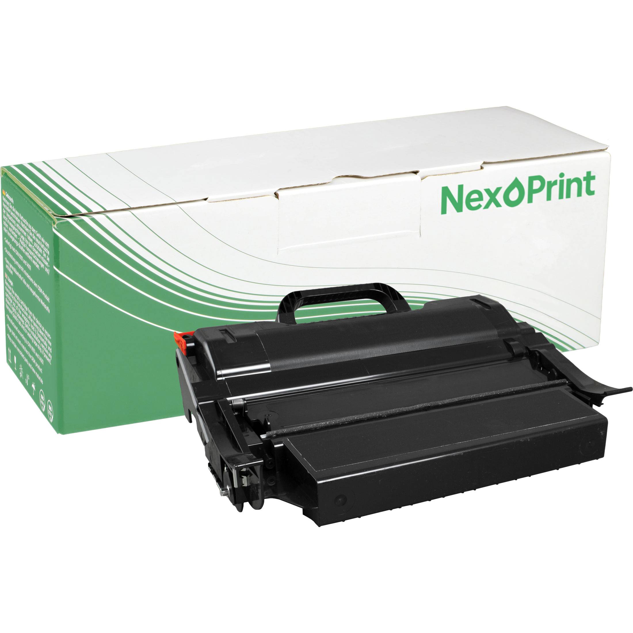 Tonerpatrone vor einer Schachtel mit der Aufschrift Nexoprint, ausgelegt für die Verwendung mit Laserdruckern.