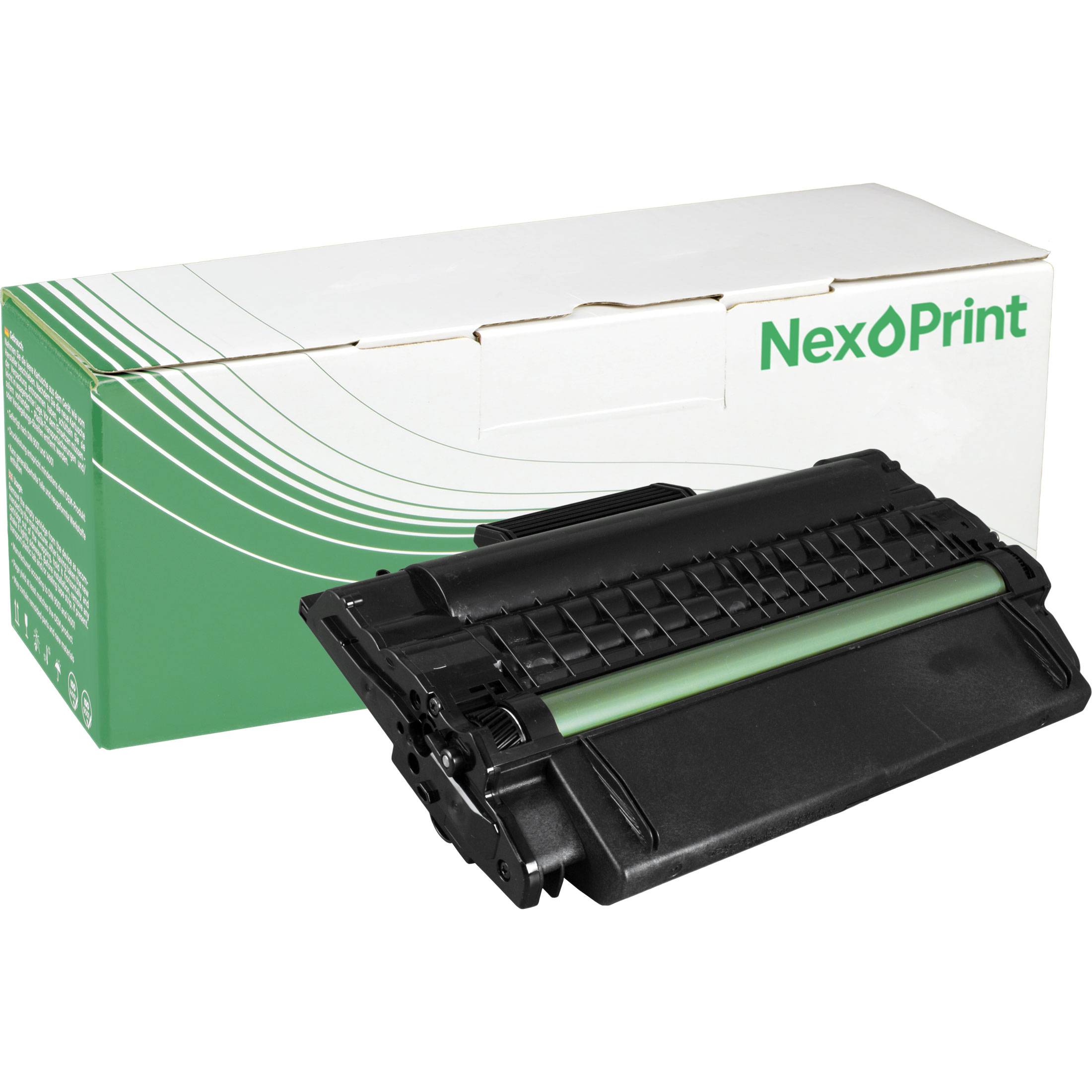 Eine Druckertonerkassette vor einer weiß-grünen Schachtel mit der Aufschrift „NexPrint