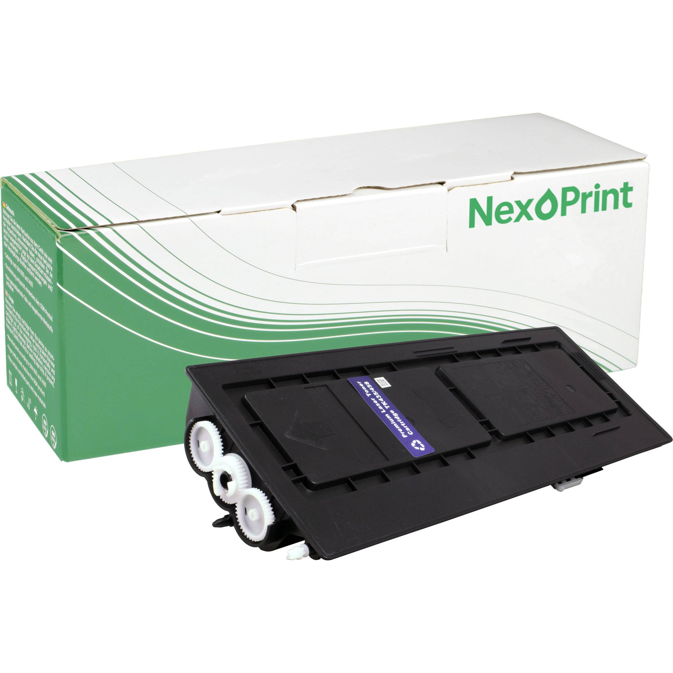 Tonerpatrone mit Verpackung, die die Marke NexPrint zeigt. Die Schachtel ist grün und weiß mit Wellenmuster.