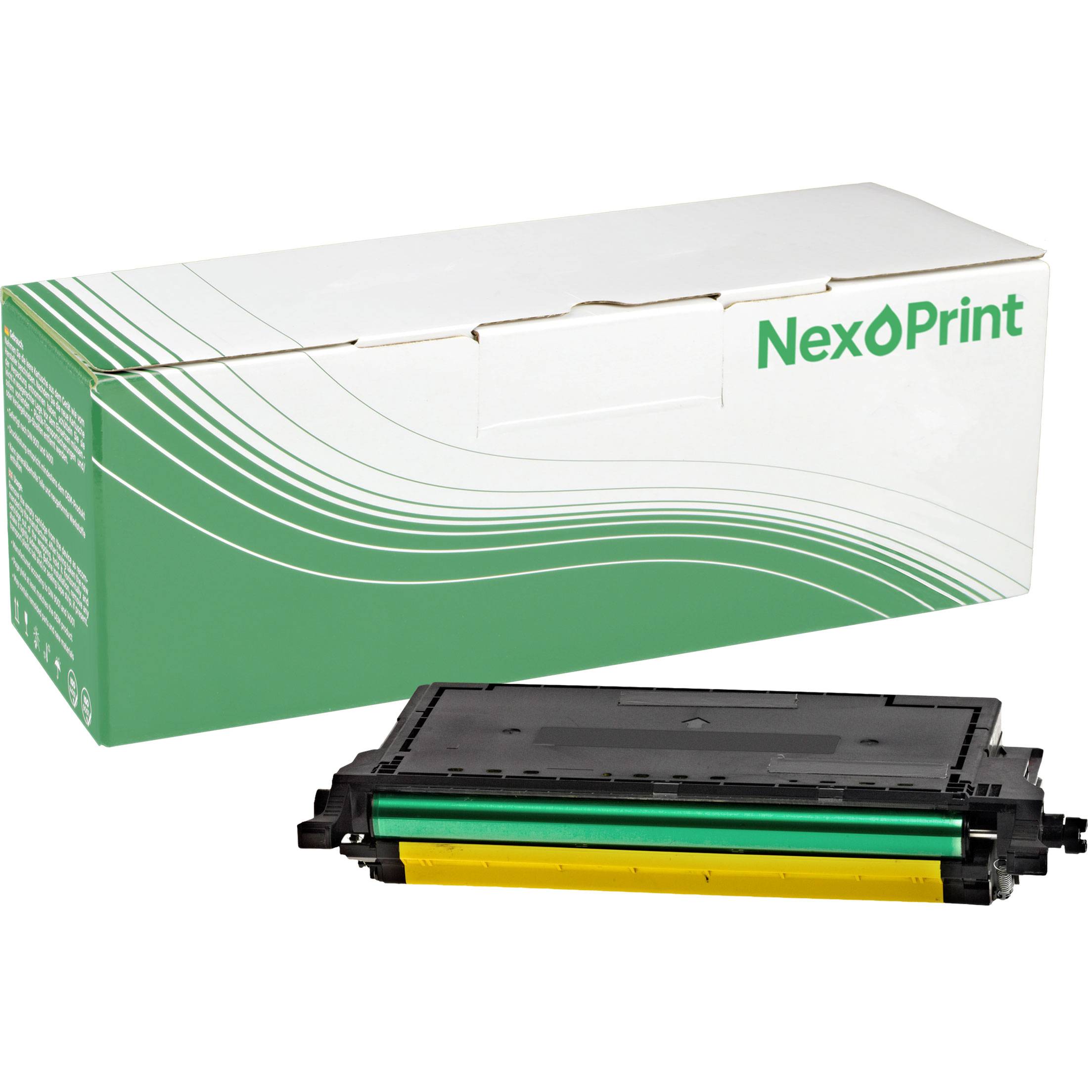 Eine rechteckige NexOPrint-Tonerpatronenschachtel und die Patrone selbst werden angezeigt. Die Schachtel ist weiß mit grünen Wellen und Branding.