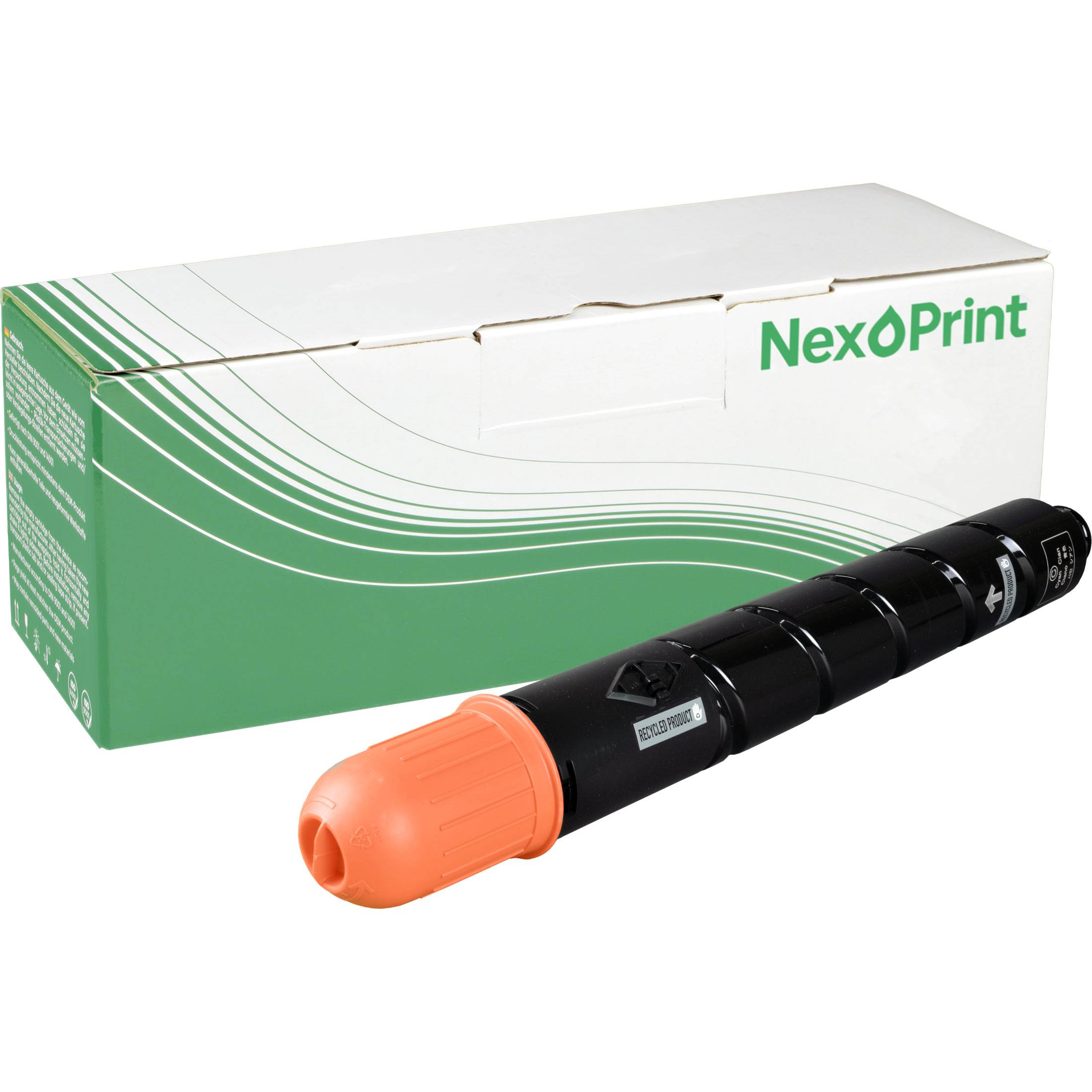 Eine grün-weiße Nexoprint-Tonerbox mit einer schwarzen Tonerkartusche mit orangefarbener Kappe, die davor platziert ist.