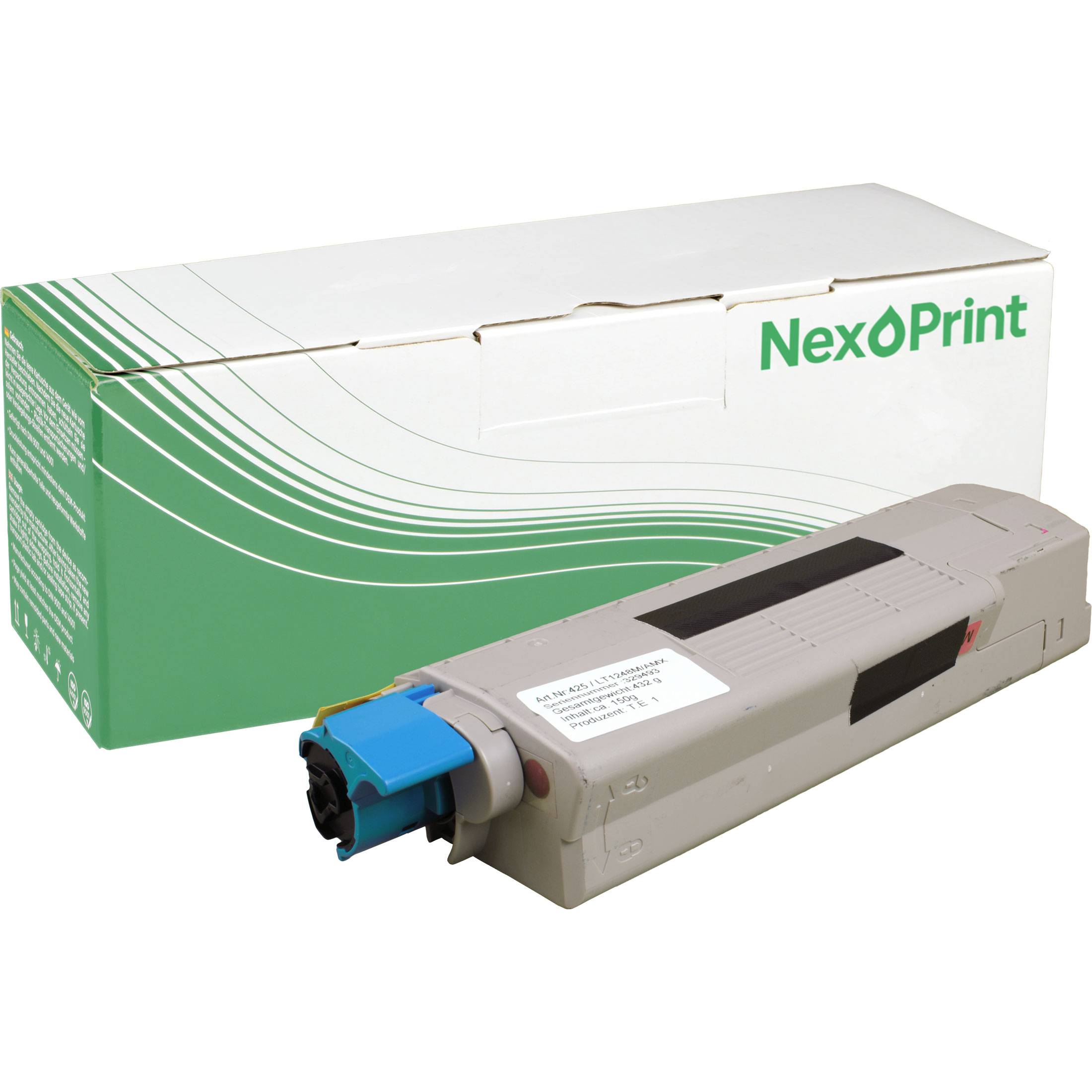 Druckertonerkassette mit NexOPrint-Logo auf der Schachtel, die umweltfreundliche grüne Designelemente auf der Verpackung zeigt.