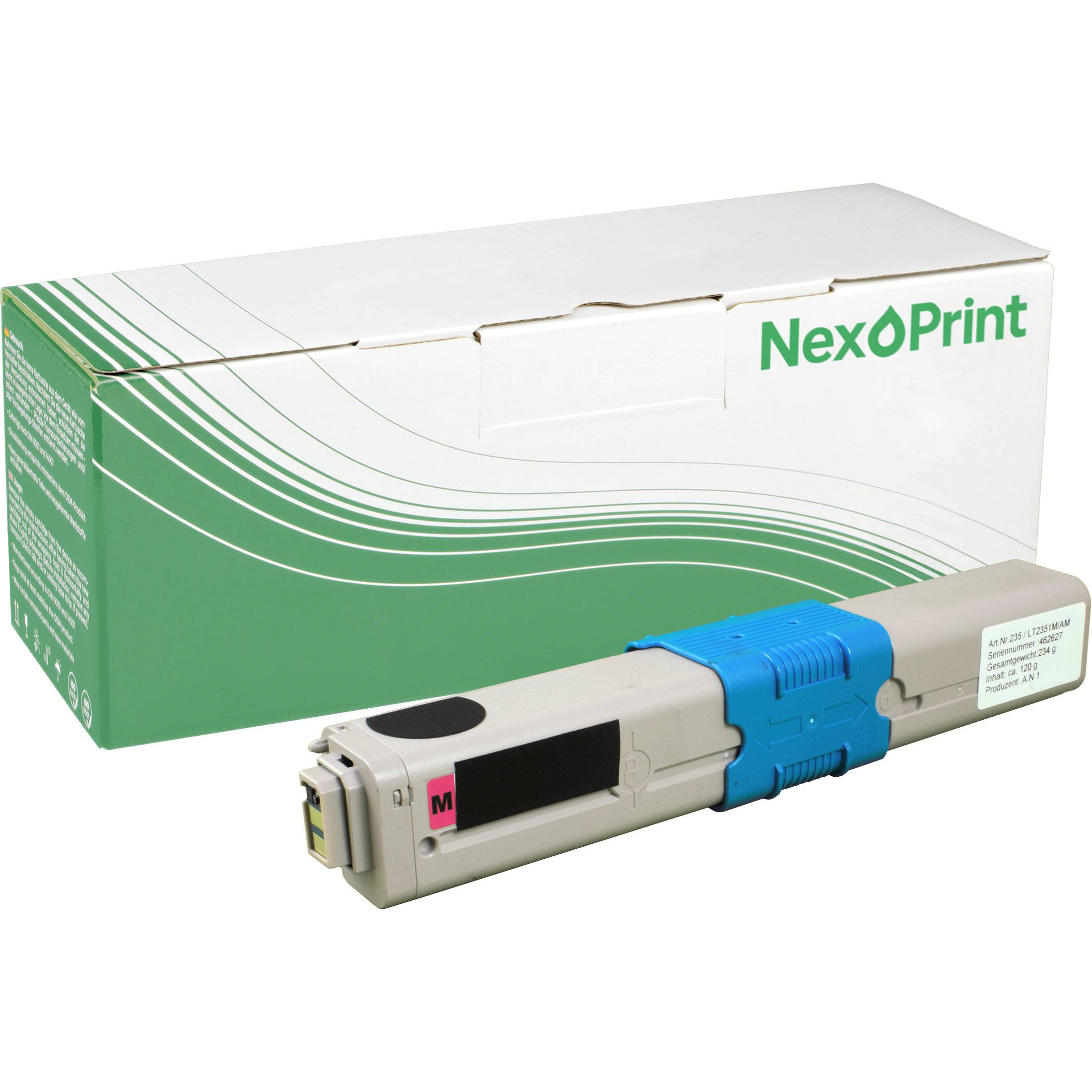 Eine schwarze Tonerpatrone wird vor ihrer weißen und grünen Verpackungsschachtel mit der Aufschrift „NexoPrint
