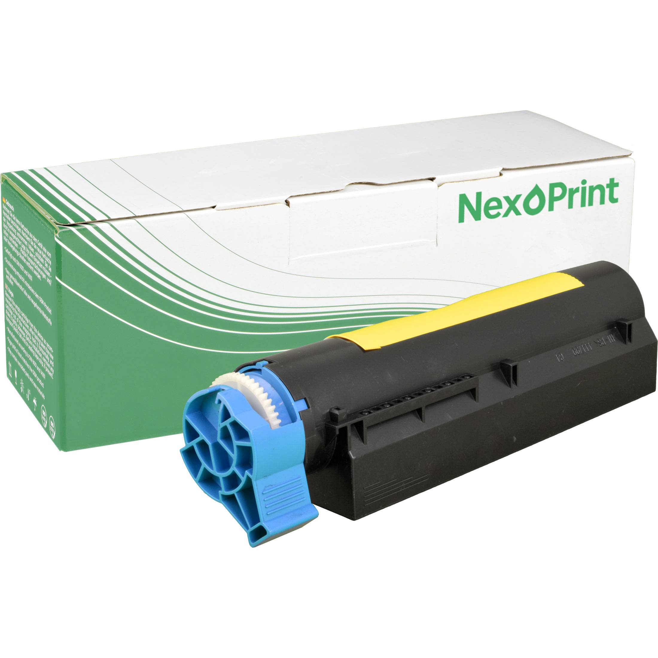 Das Bild zeigt eine NexxPrint-Patrone mit ihrer Verpackung. Die Patrone ist schwarzes Kunststoff, mit dem Etikett „K
