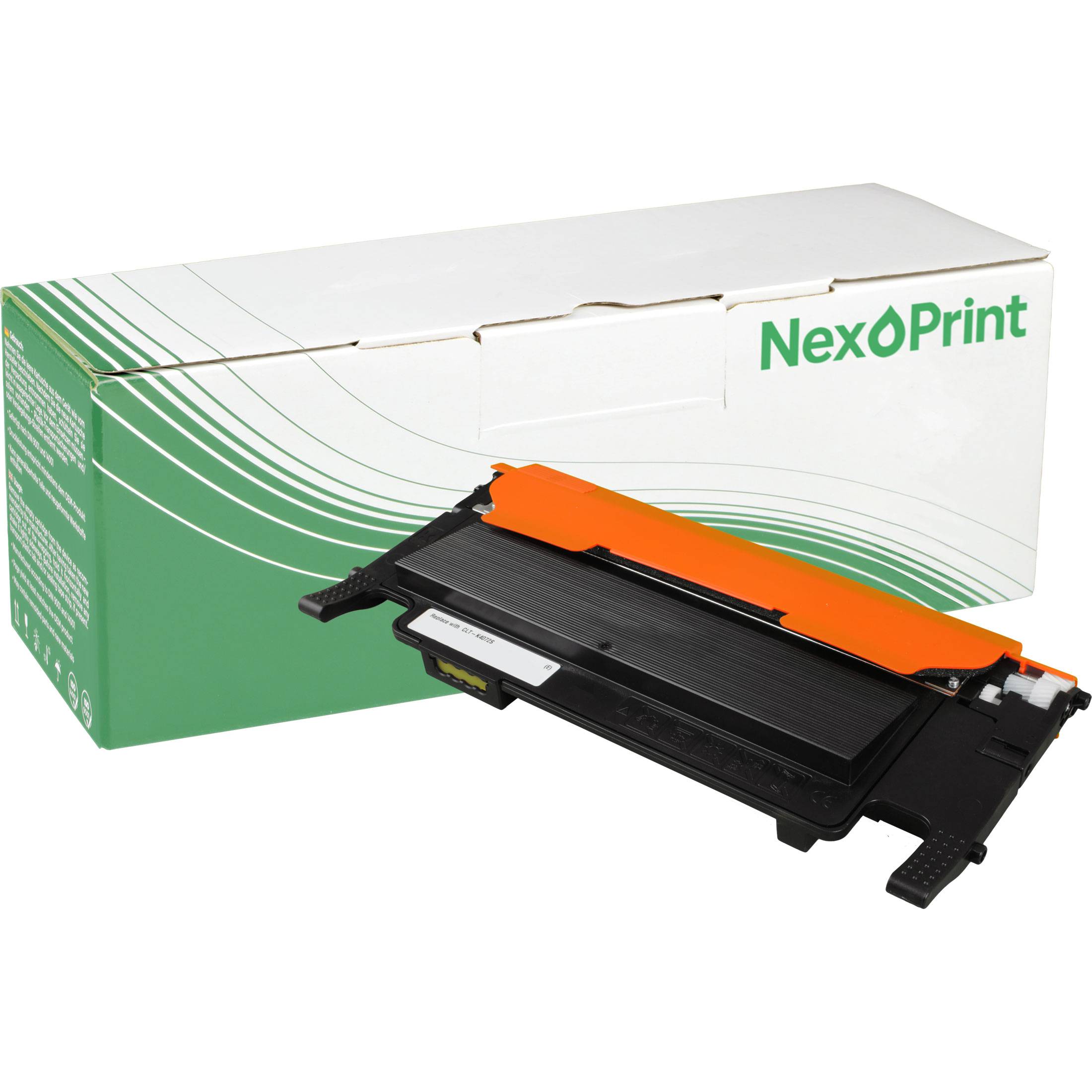 „Bild einer NexPrint-Druckertonerkartusche und ihrer Verpackung. Die Schachtel ist überwiegend weiß mit grünen Akzenten und dem NexPrint-Logo.