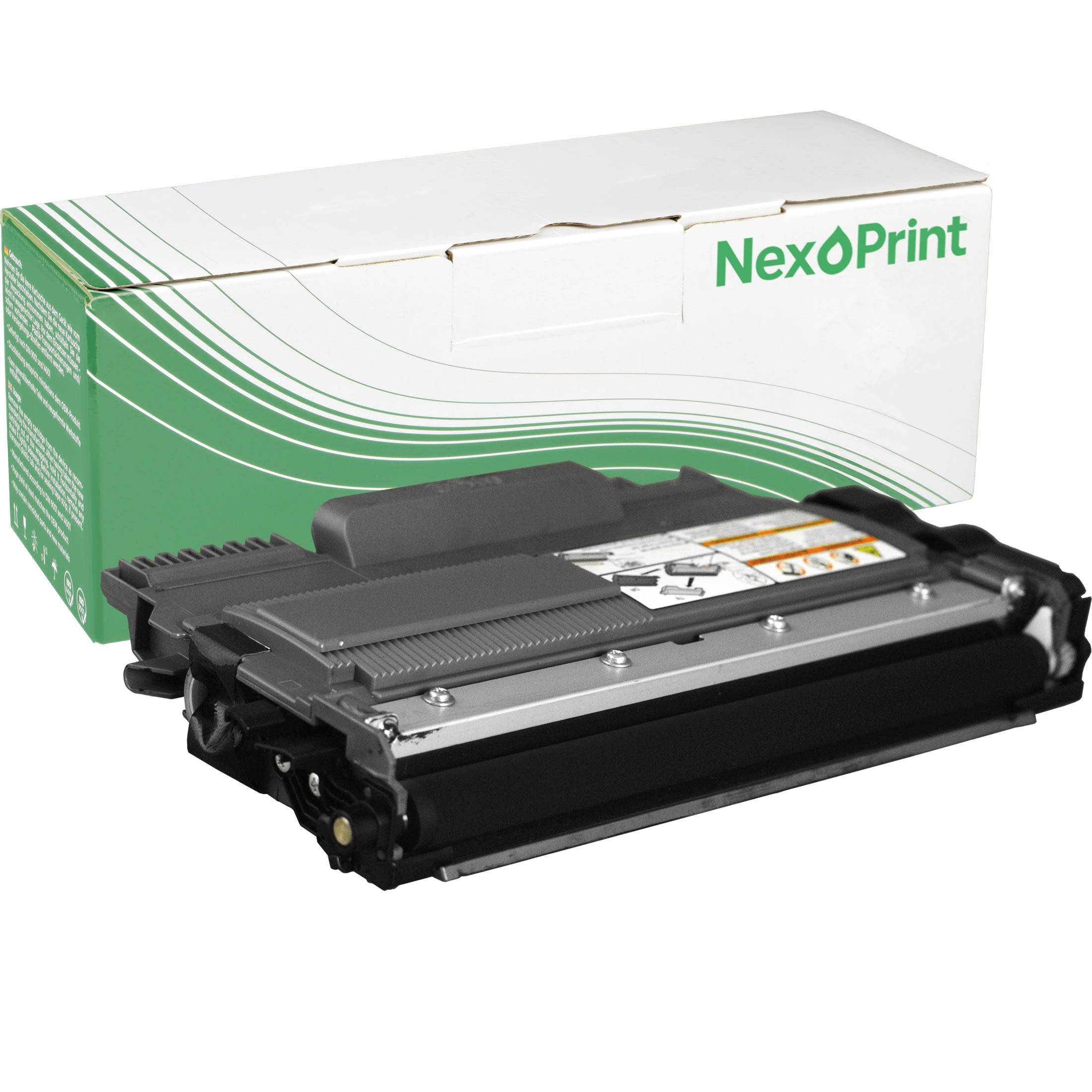 Ein grünes und weißes NexPrint-Tonerkartusch-Kästchen wird hinter einer schwarzen Tonerkartusche gezeigt.