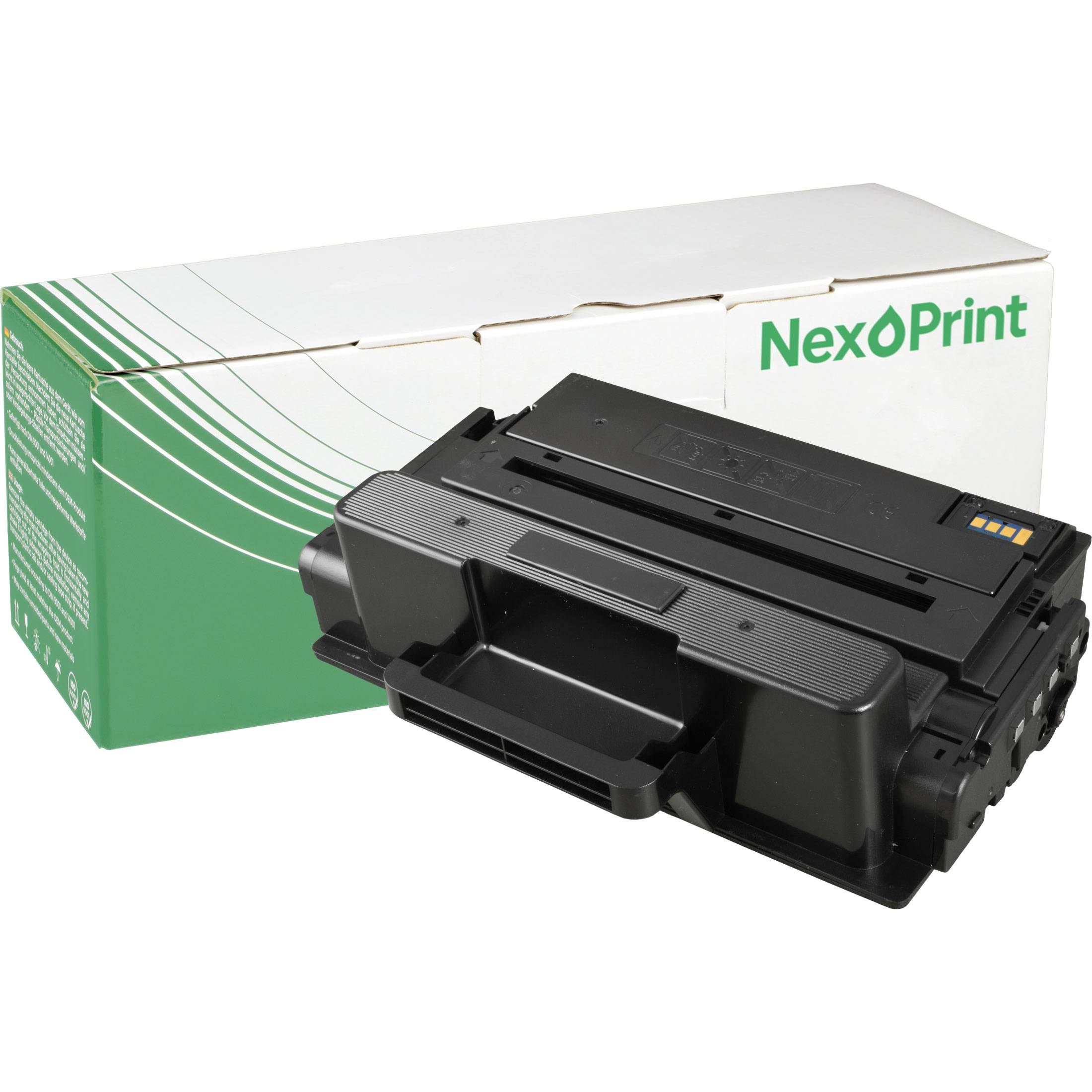 Eine Druckerpatrone der Marke 'NexoPrint' wird vor ihrer Verpackungsschachtel gezeigt. Die Schachtel hat grüne und weiße Färbung mit Wellendesigns.